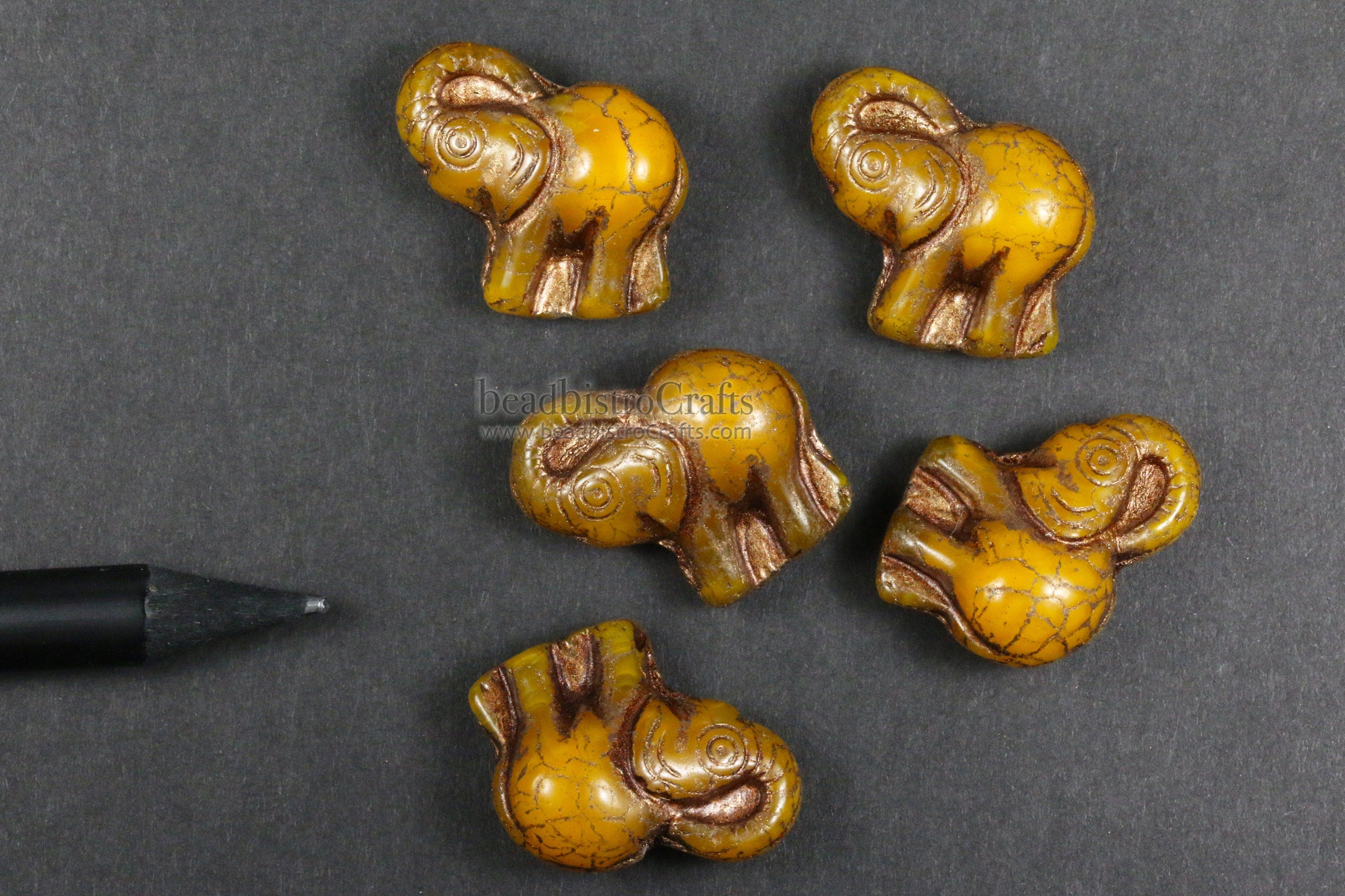 2pcs ELEPHANTS * Czech Glass Pressed Bead - OPALESCENT Butterscotch Antique BRONZE Wash - 20mm Happy Elephant Beads