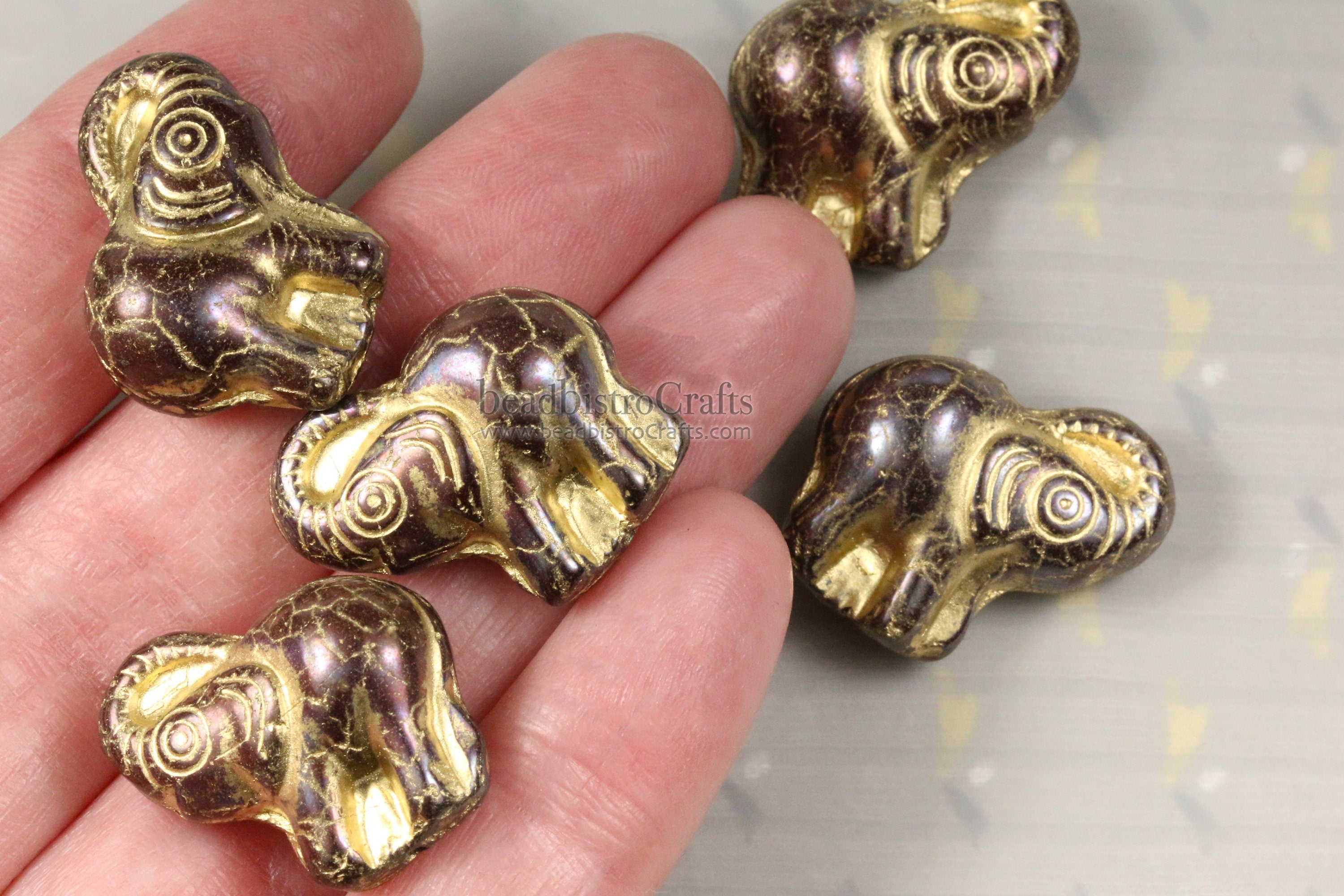 2pcs ELEPHANTS * Czech Glass Pressed Bead - NEBULA Opaque Mahogany GOLD Wash - 20mm Happy Elephant Beads