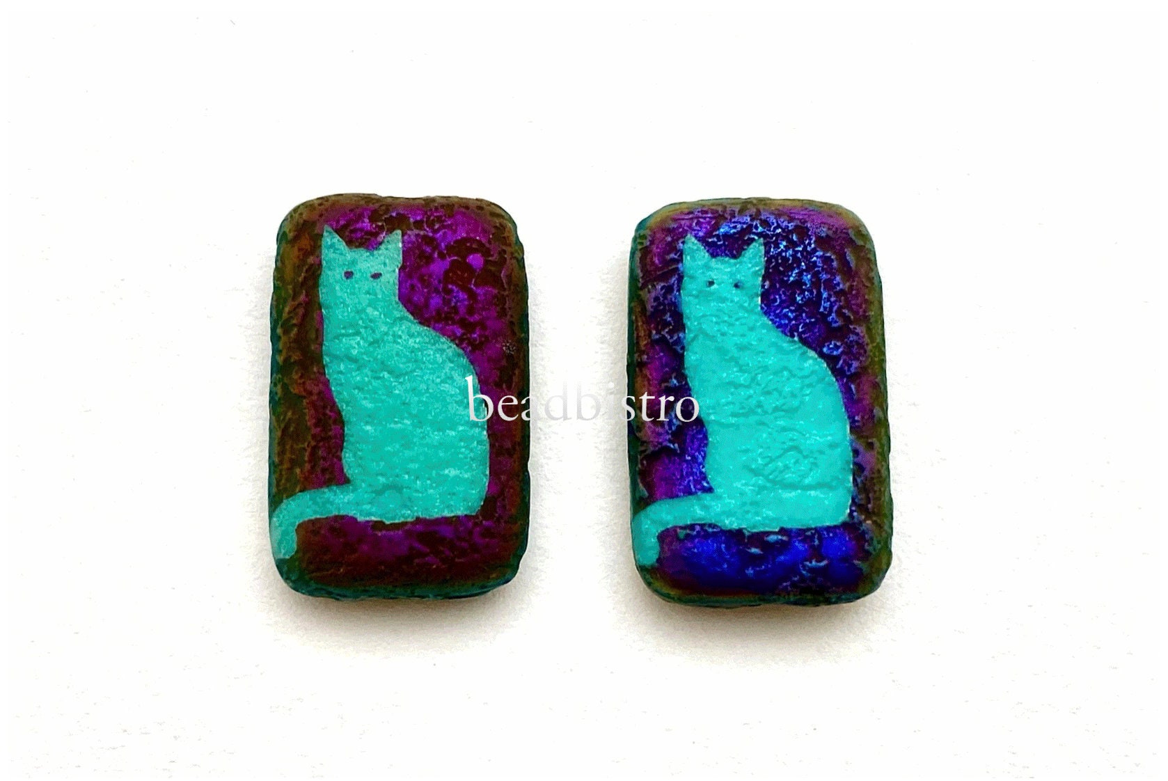 Czech Glass Beads ~ Cat Turquoise Sliperit Finish - 18x12mm Laser Tattoo Etched Beads