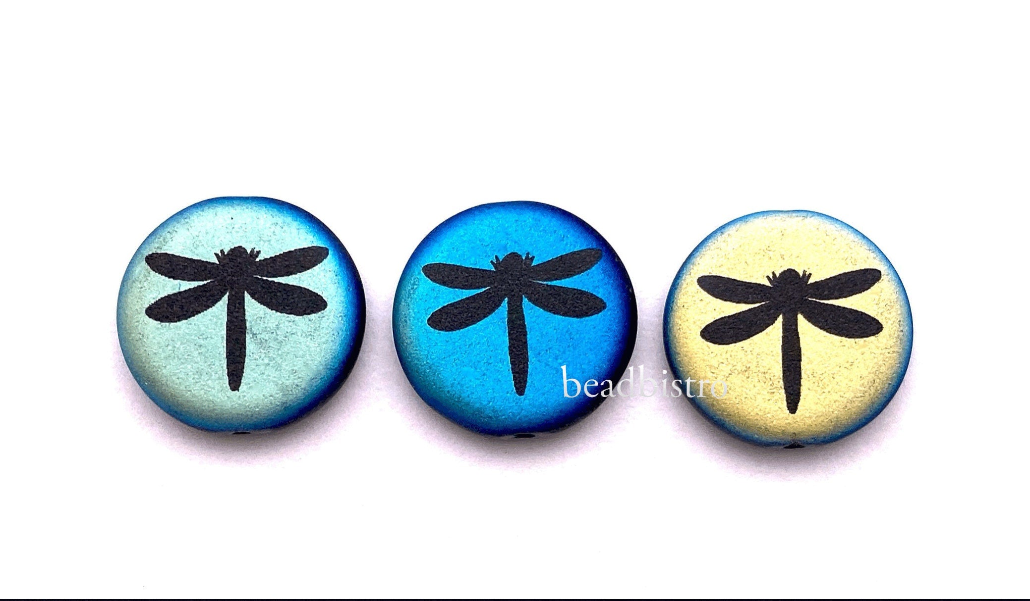 Czech Beads 17mm Jet AB Matte Coin Bead with Laser Tattoo Dragonfly