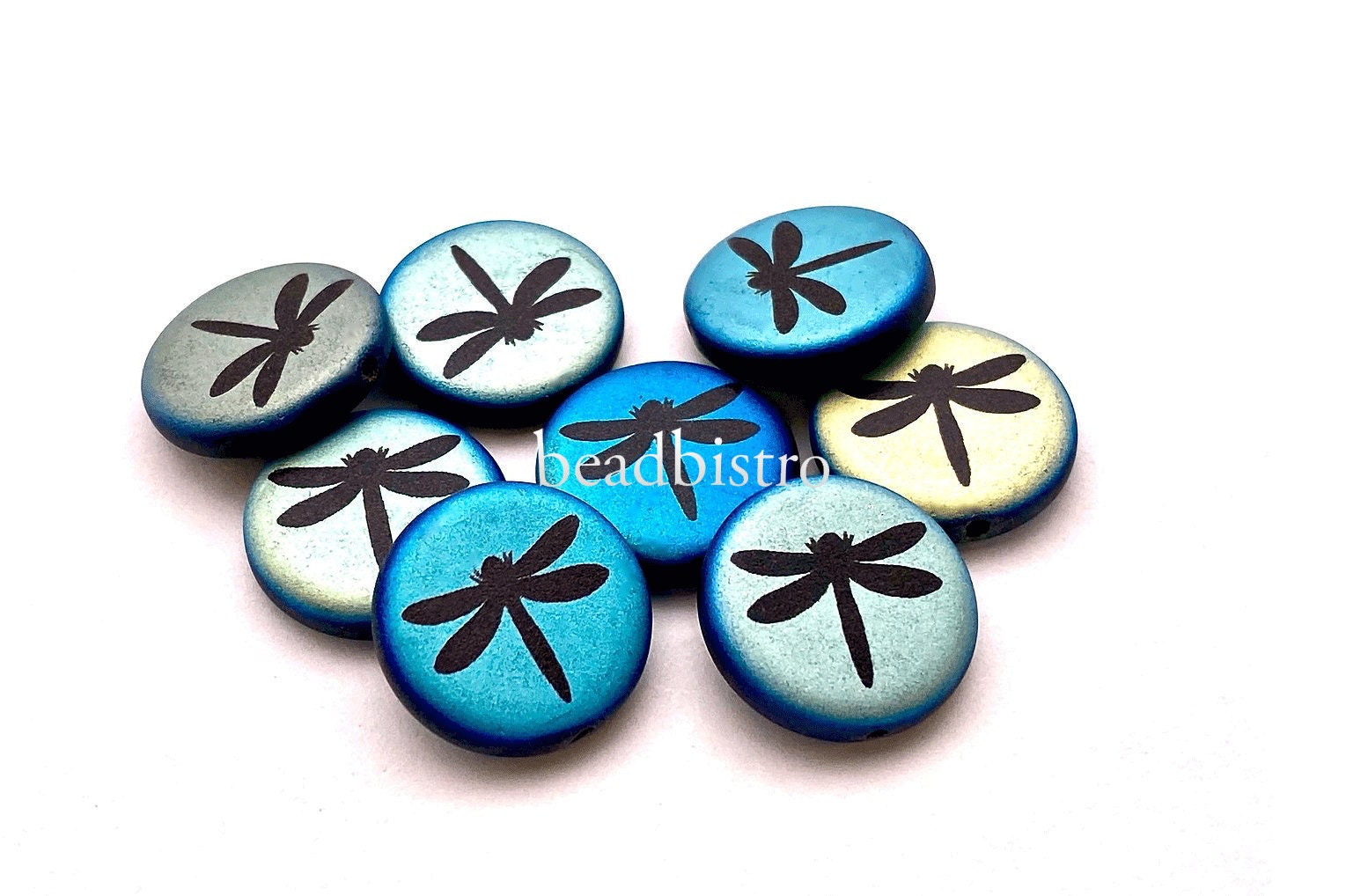 Czech Beads 17mm Jet AB Matte Coin Bead with Laser Tattoo Dragonfly