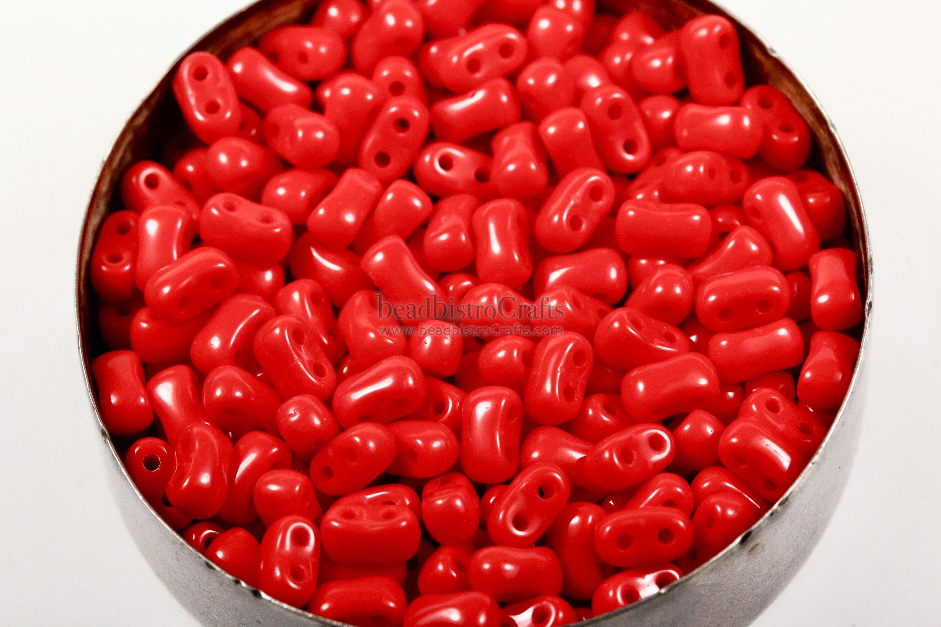 10g Czech Glass Bi-Bo bead - 2 hole beads - Opaque Coral Red - Bow beads - 5.5x2.8mm