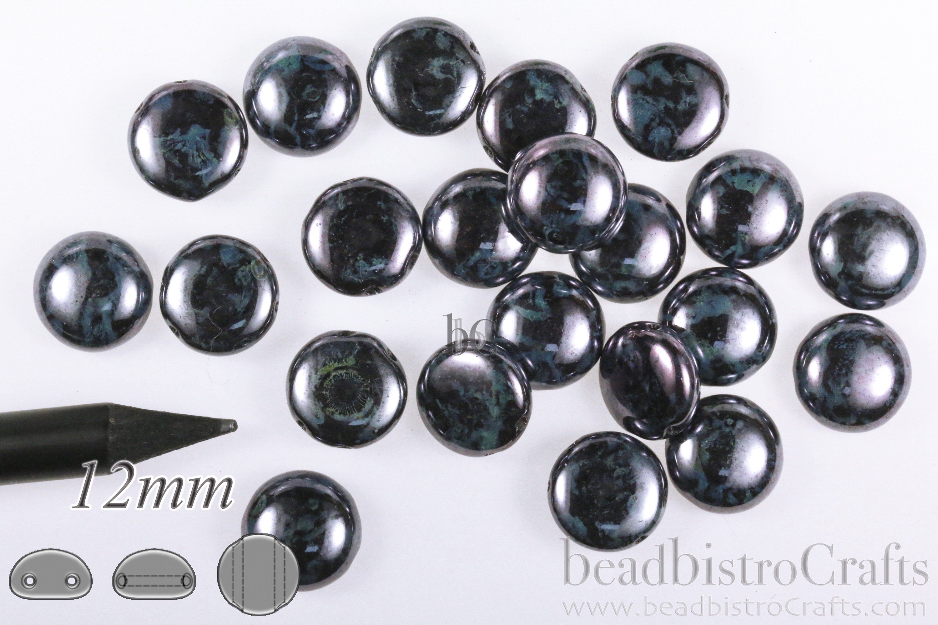 24pcs * 12mm Preciosa CANDY™ Cabochon Beads - 12mm Czech glass 2-hole cabochons - Jet LAZURE BLUE Luster