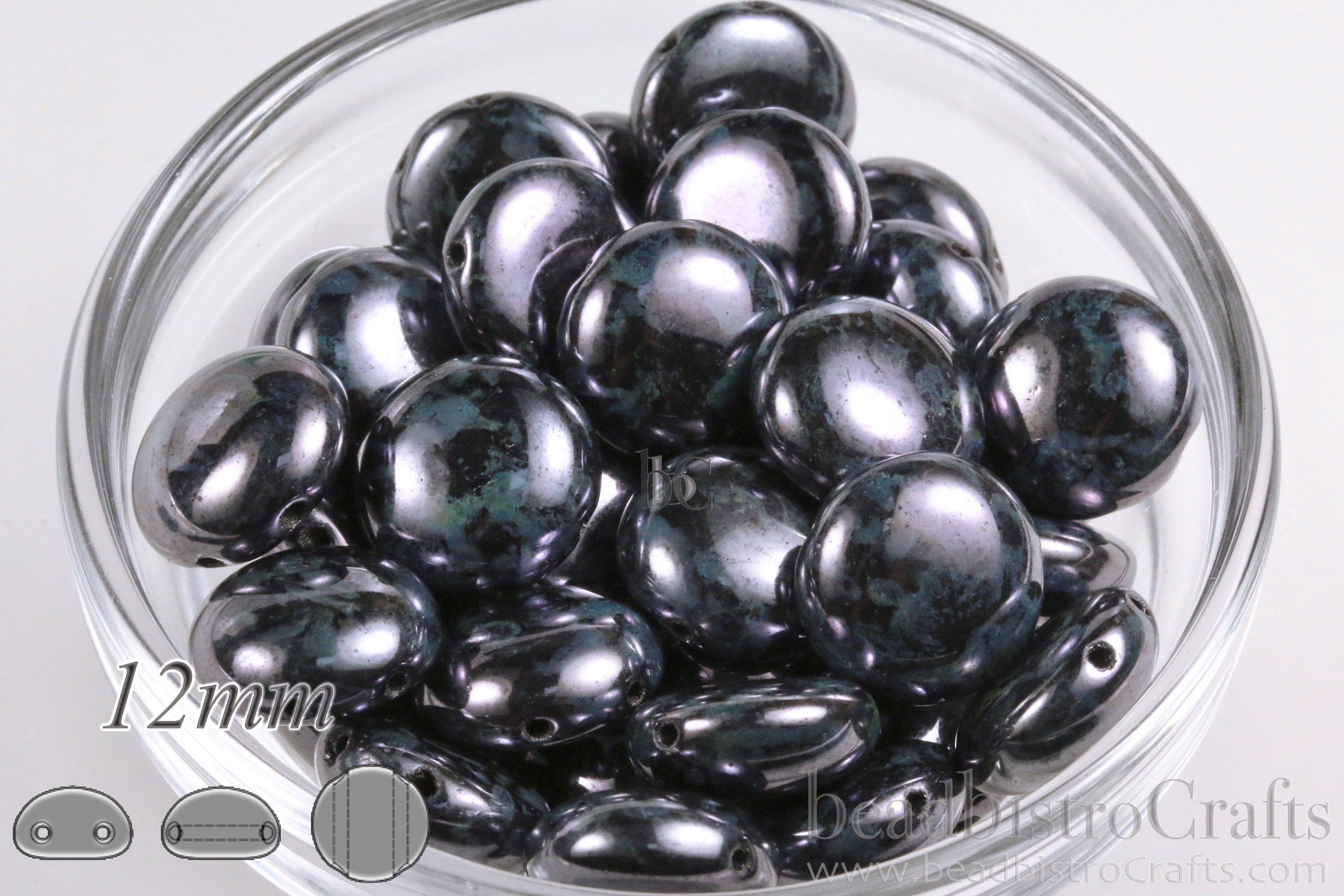 24pcs * 12mm Preciosa CANDY™ Cabochon Beads - 12mm Czech glass 2-hole cabochons - Jet LAZURE BLUE Luster