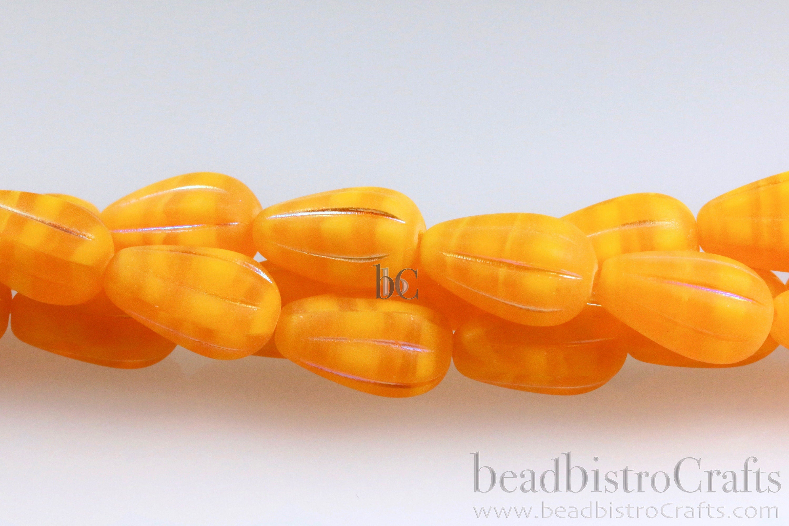 Melon Drops Tangerine glass - 8pcs Melon beads - Czech glass Melon drop bead - MATTE Tangerine Opal Frosted AB - 13x8mm