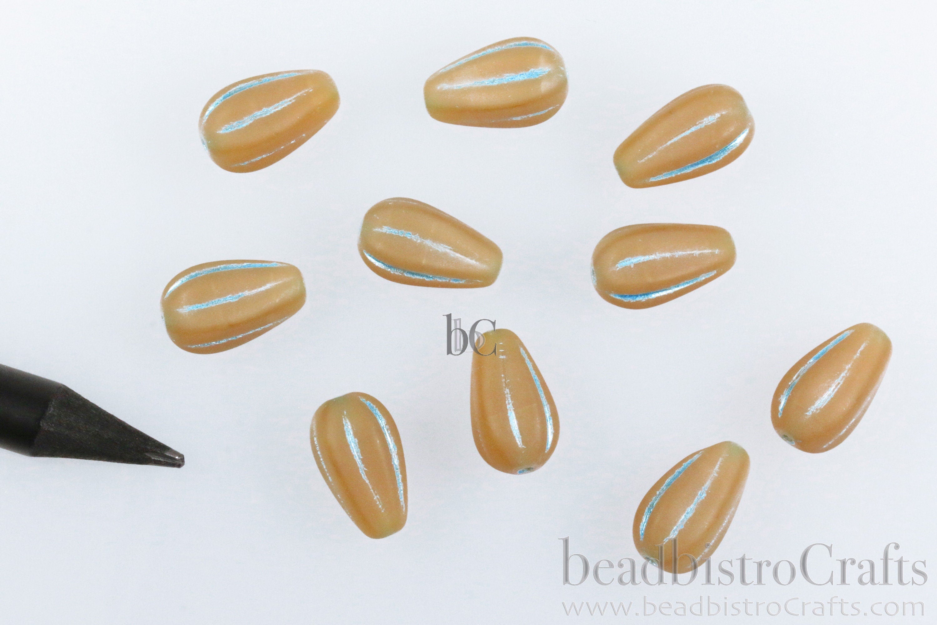 Melon Drops Caramel glass - 8pcs Melon beads - Czech glass Melon drop bead - MATTE Caramel Opal Metallic TURQUOISE WASH - 13x8mm