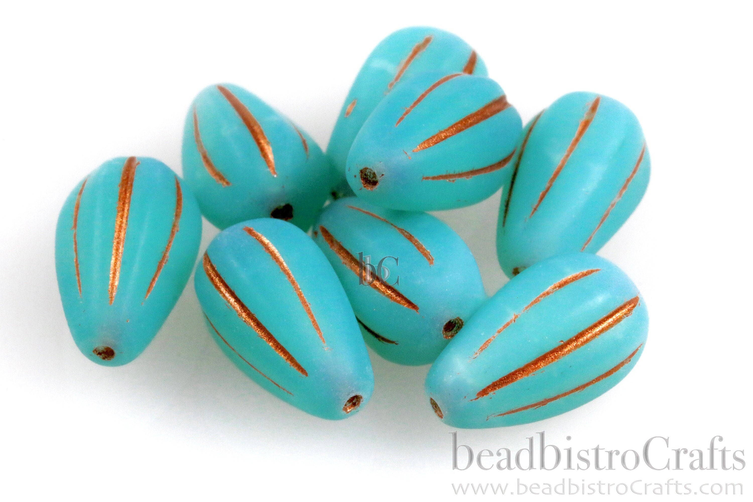 Melon Drops Aqua glass - 8pcs Melon beads - Czech glass Melon drop bead - MATTE Aqua Green Opal Metallic COPPER WASH - 13x8mm