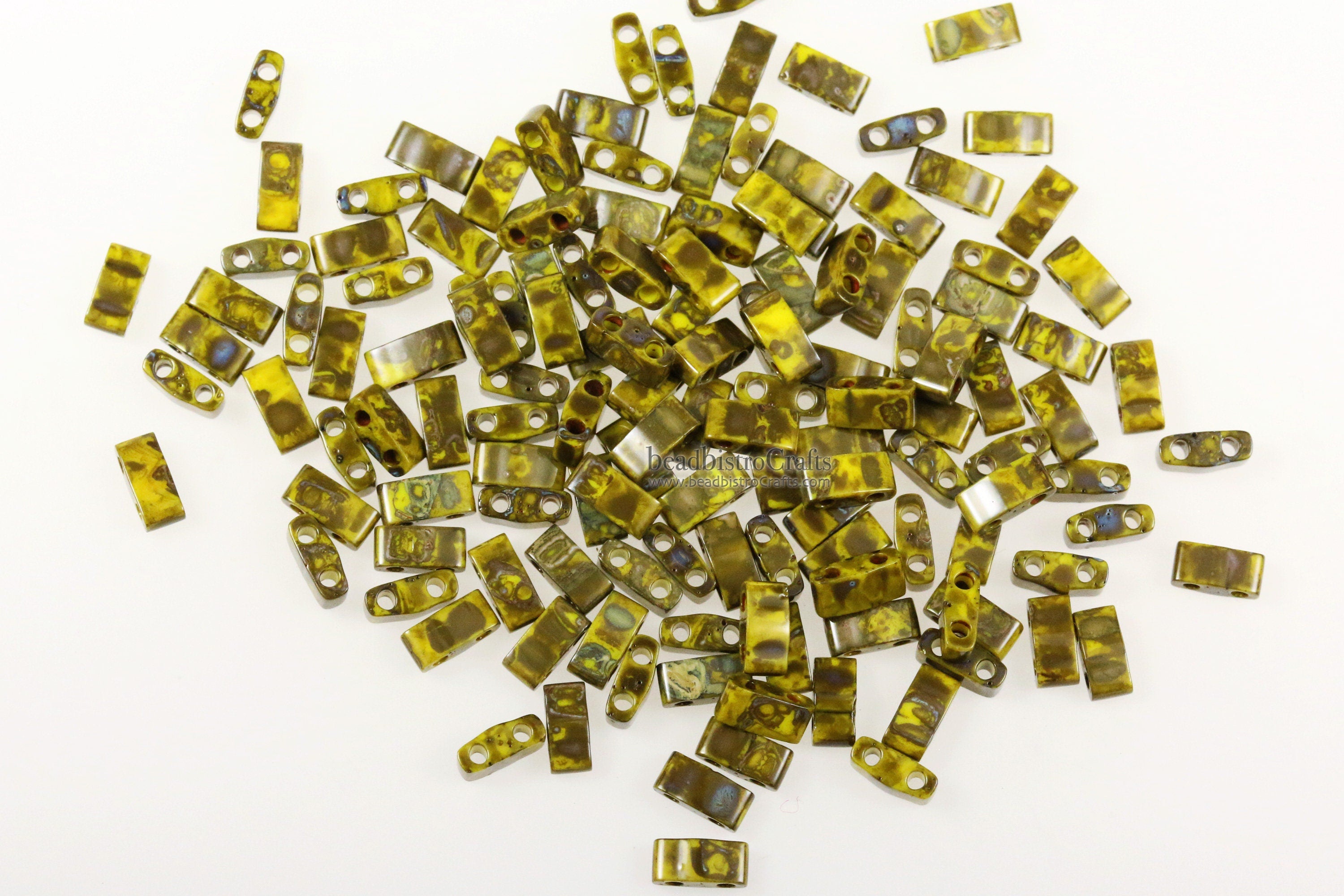 10g MIYUKI - 1/2 Tila Beads - Opaque Yellow PICASSO - size 5mm x 2.3mm x 1.9mm - 2 hole - Half Tila 4519