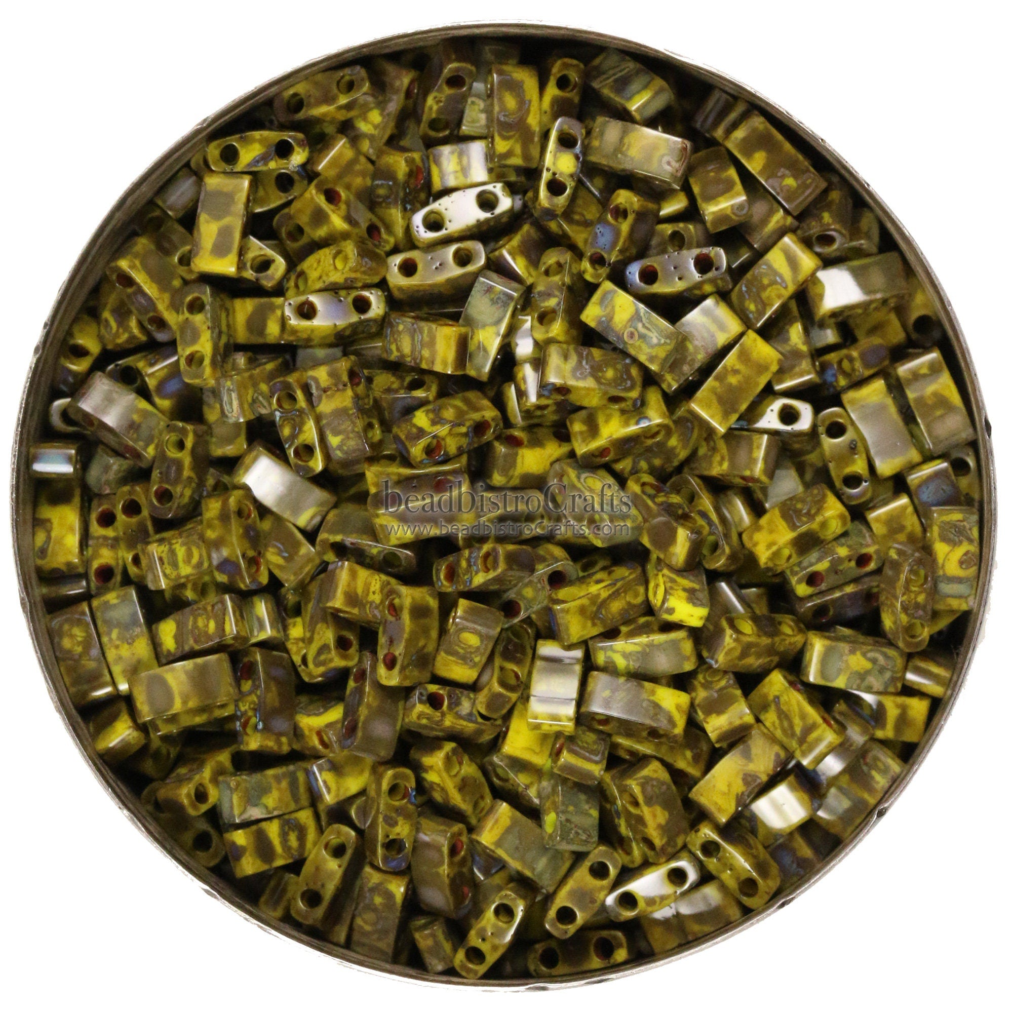 10g MIYUKI - 1/2 Tila Beads - Opaque Yellow PICASSO - size 5mm x 2.3mm x 1.9mm - 2 hole - Half Tila 4519