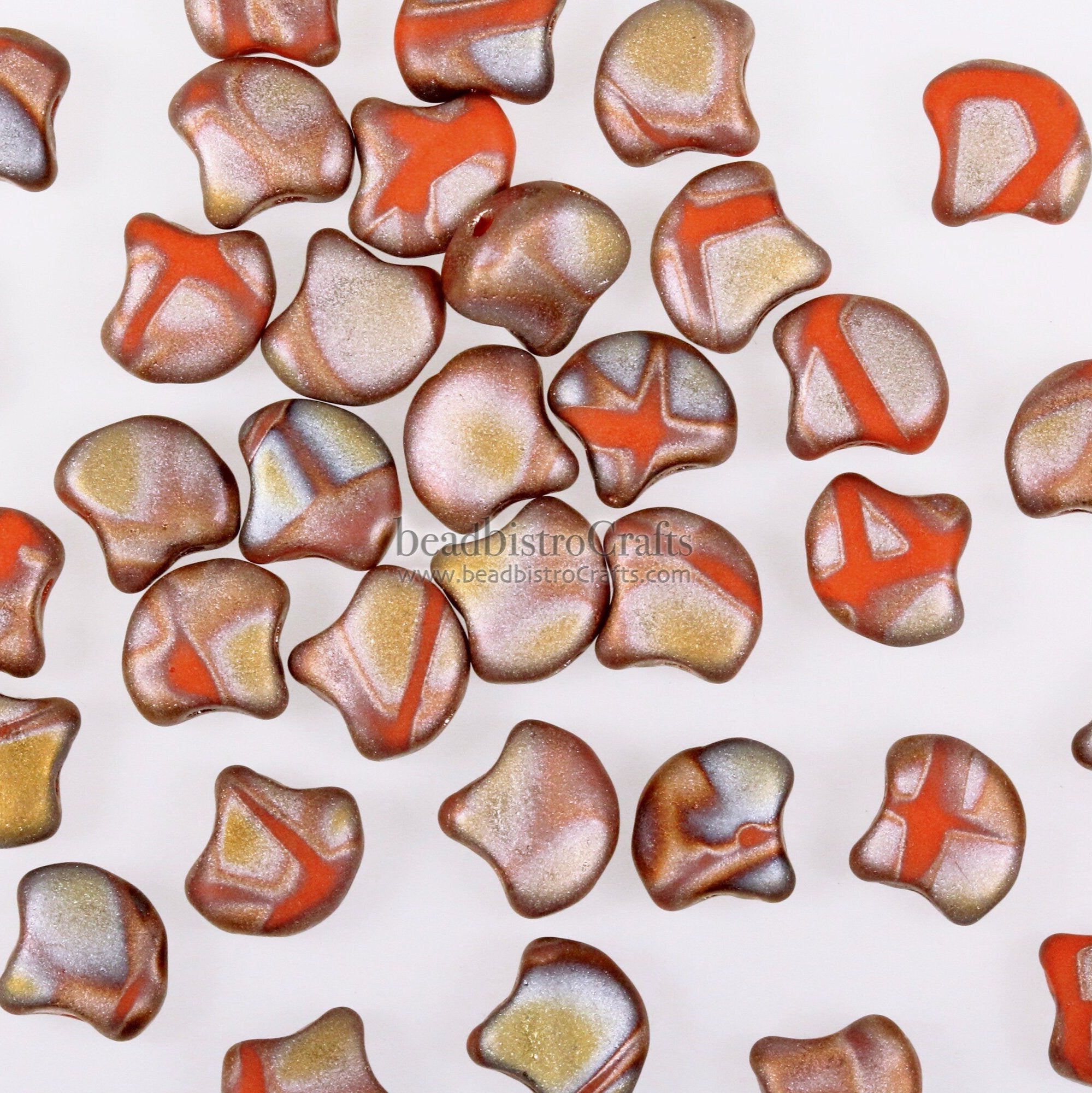 30pcs Czech 2-hole GINKO beads - Ginko Duo - Opaque Orange Full CAPRI Gold Matte BATIK * Ginko bead - 7.5x7.5mm