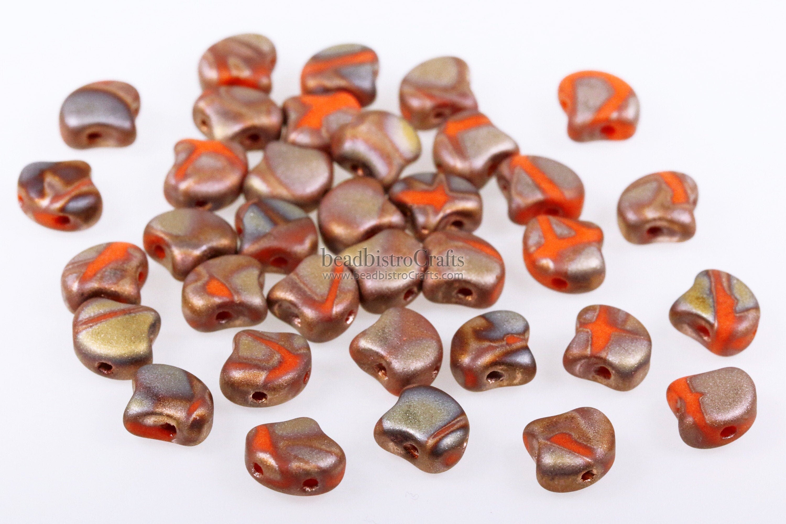 30pcs Czech 2-hole GINKO beads - Ginko Duo - Opaque Orange Full CAPRI Gold Matte BATIK * Ginko bead - 7.5x7.5mm