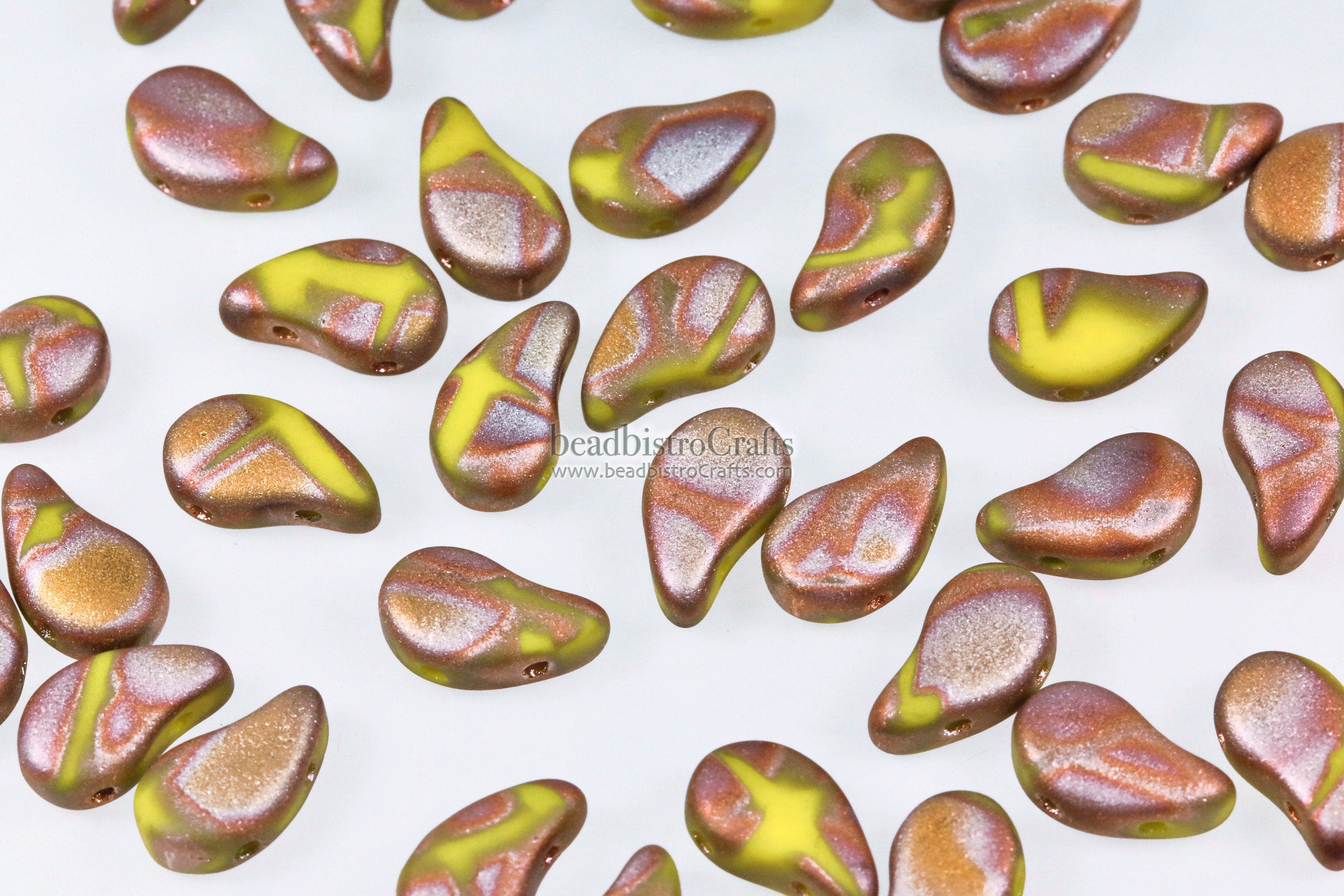 40pcs Czech PAISLEYDUO beads - 2 hole beads - Opaque Limon Full CAPRI Gold Matte BATIK * - Paisley Duo bead - 5x8mm