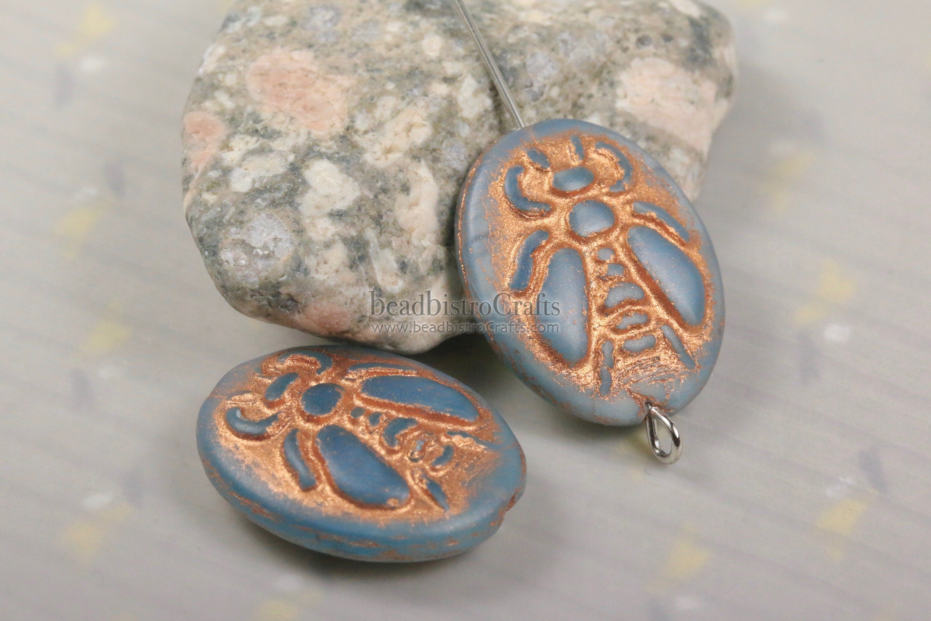 2pcs BUMBLE BEES * Czech Glass Pressed Bead - Matte Milky Aqua Opal COPPER Wash - 22x17mm Puffed Oval Bee Beads