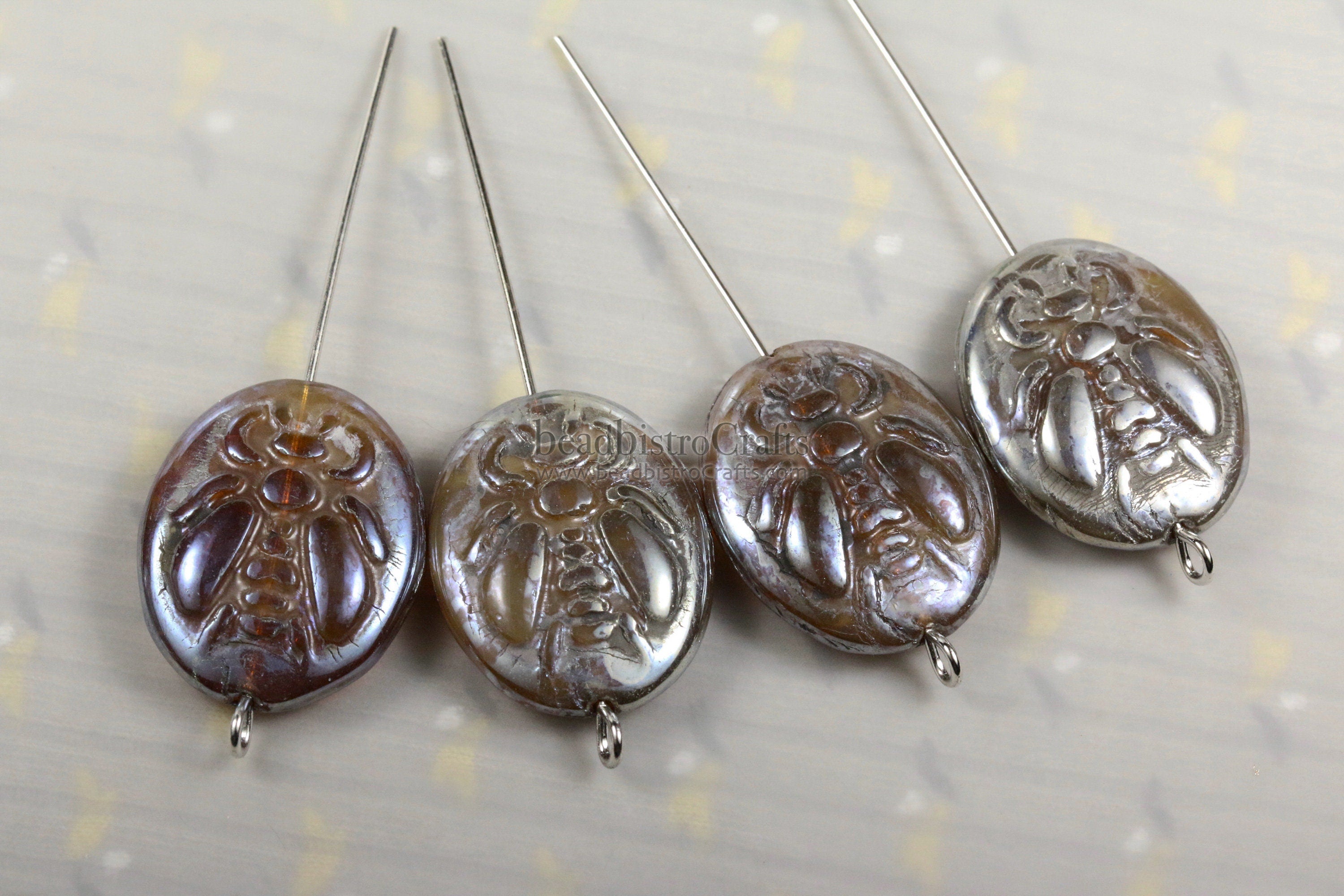 2pcs BUMBLE BEES * Czech Glass Pressed Bead - Caramel Opal SILVER Sheen Picasso - 22x17mm Puffed Oval Bee Beads