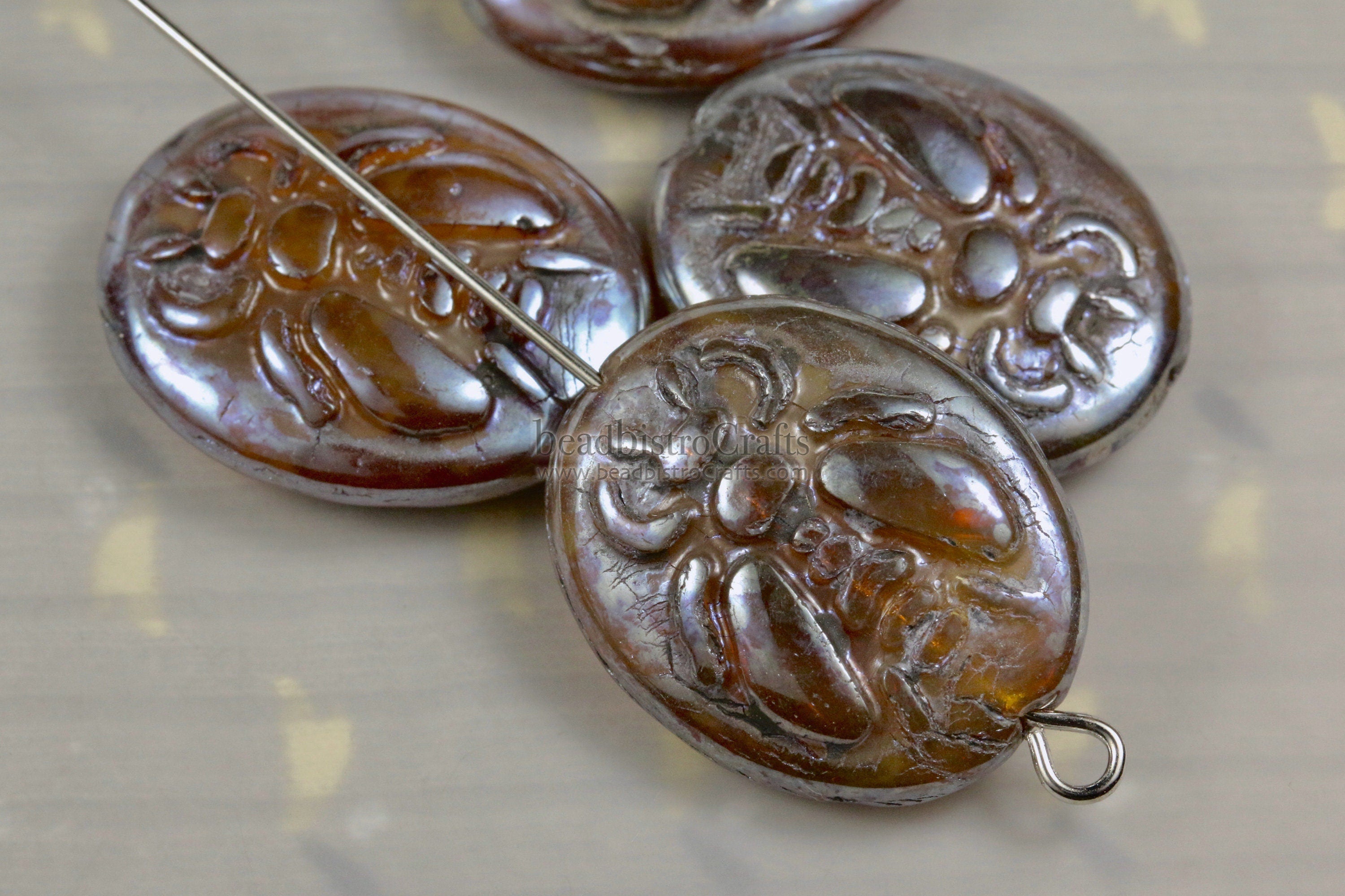 2pcs BUMBLE BEES * Czech Glass Pressed Bead - Caramel Opal SILVER Sheen Picasso - 22x17mm Puffed Oval Bee Beads