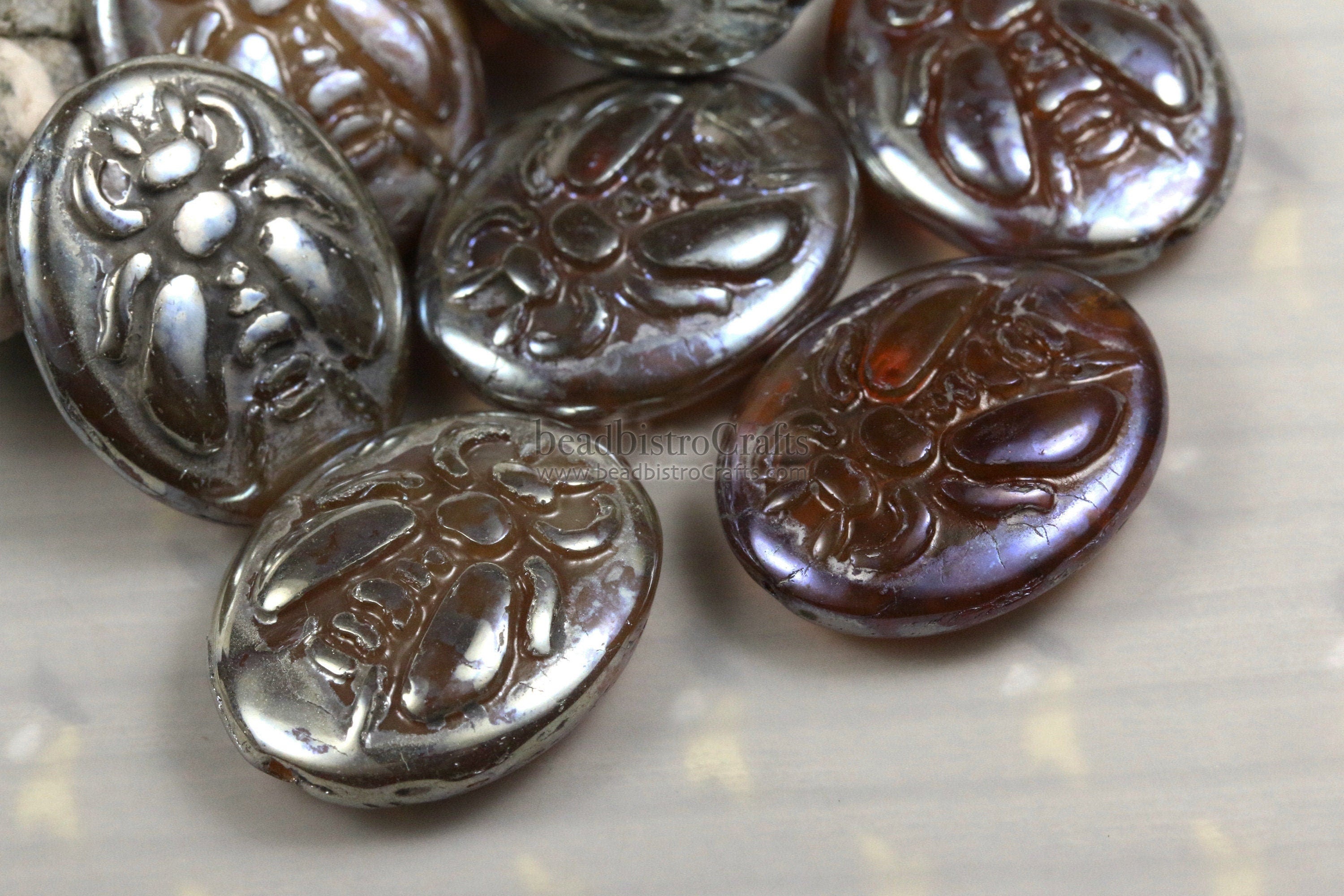 2pcs BUMBLE BEES * Czech Glass Pressed Bead - Caramel Opal SILVER Sheen Picasso - 22x17mm Puffed Oval Bee Beads