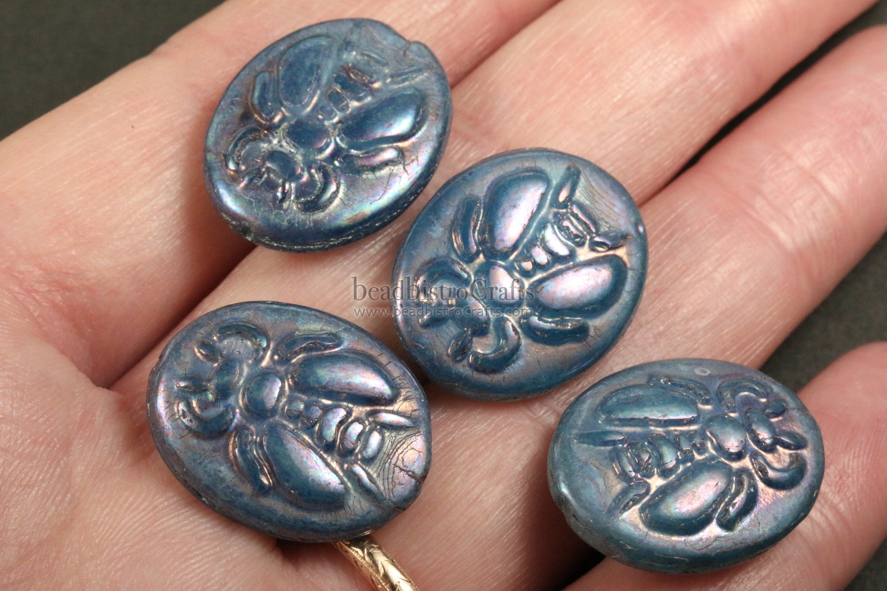 2pcs BUMBLE BEES * Czech Glass Pressed Bead - Opaque Turquoise DENIM Nebula - 22x17mm Puffed Oval Bee Beads