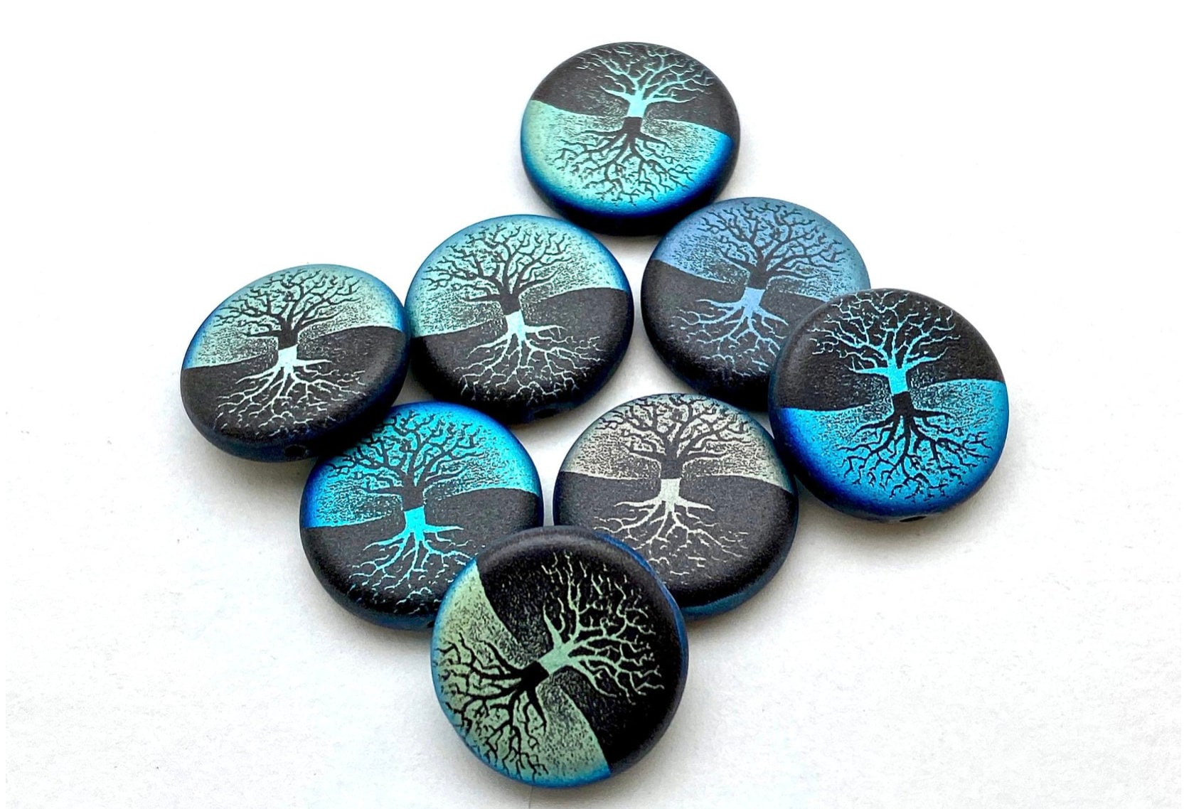 Tree Of Life 17mm Coin Bead (8 Beads) Jet AB Matte - Laser Tattoo Czech Glass Beads