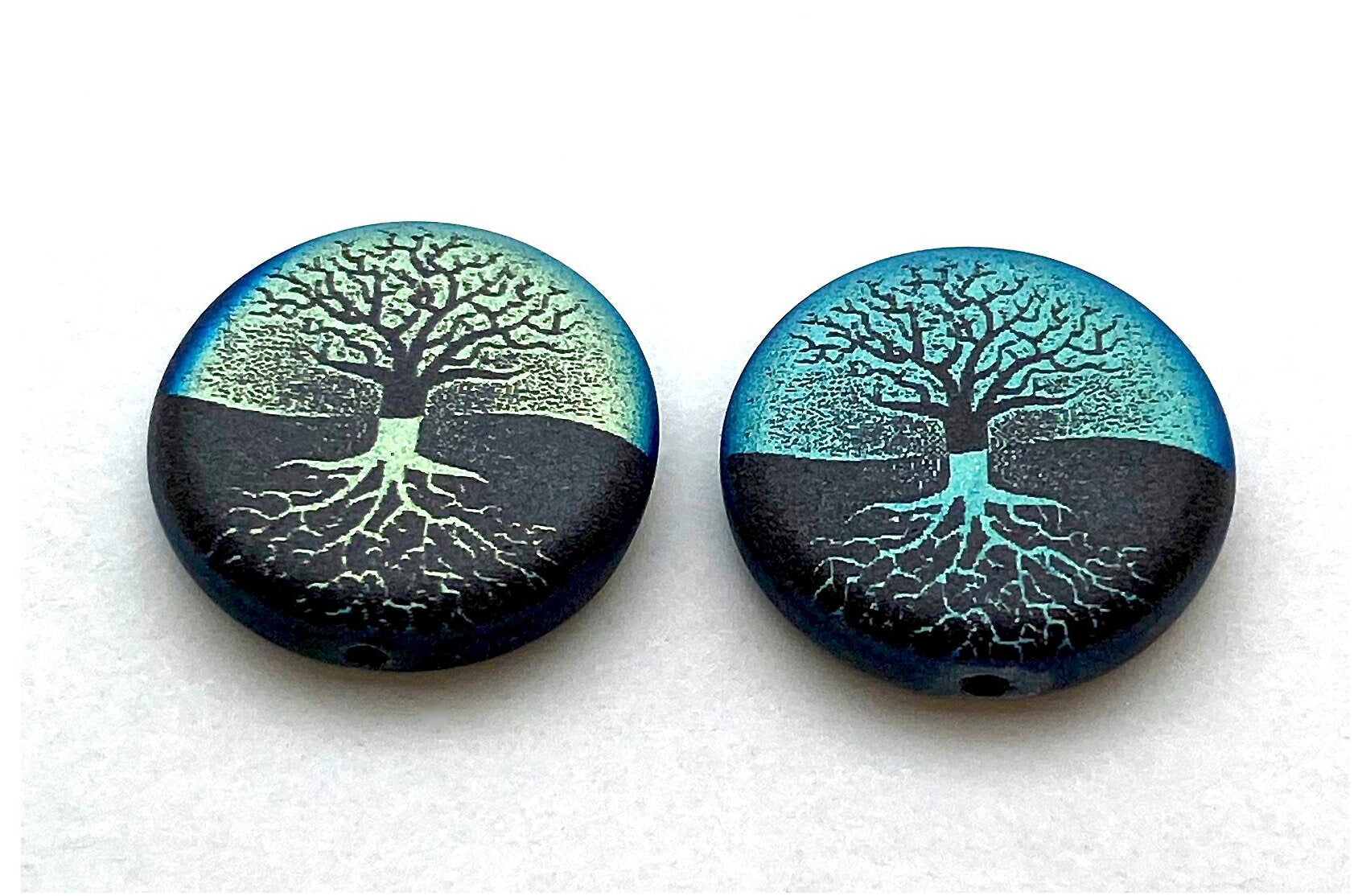 Tree Of Life 17mm Coin Bead (8 Beads) Jet AB Matte - Laser Tattoo Czech Glass Beads