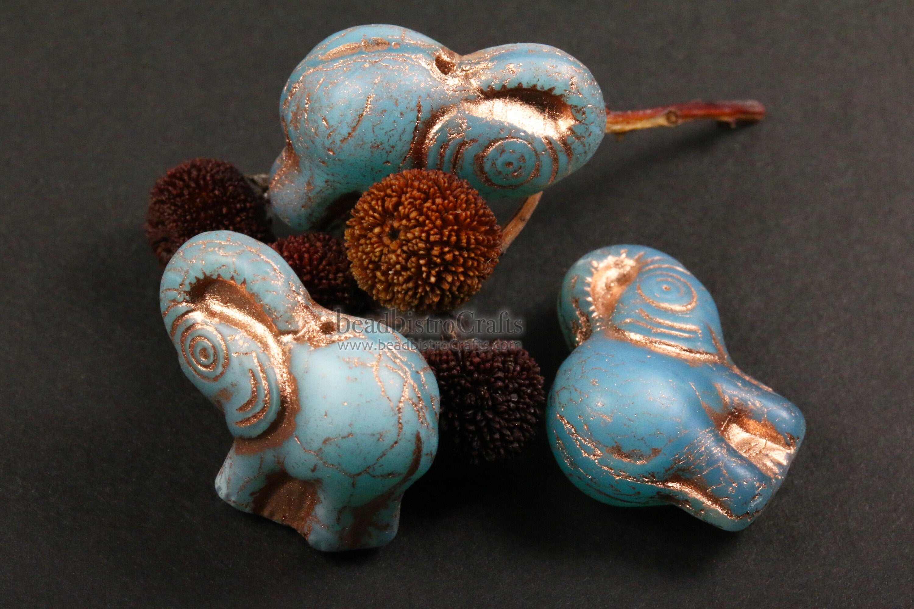 2pcs ELEPHANTS * Czech Glass Pressed Bead - Matte Milky Aqua Opal COPPER Wash - 20mm Happy Elephant Beads