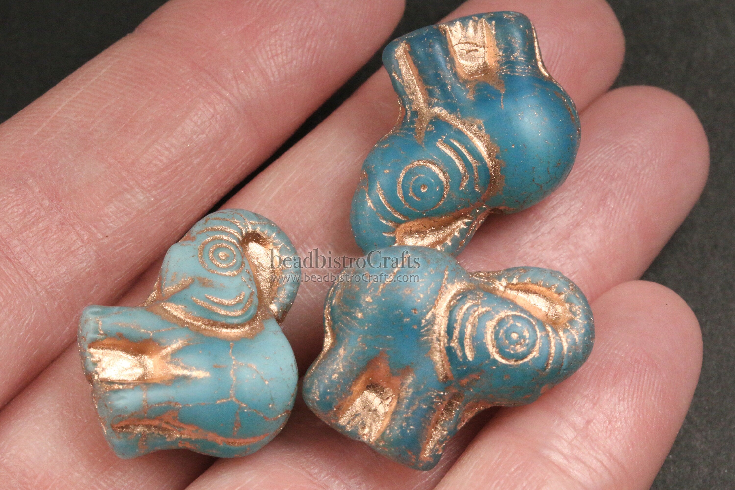 2pcs ELEPHANTS * Czech Glass Pressed Bead - Matte Milky Aqua Opal COPPER Wash - 20mm Happy Elephant Beads