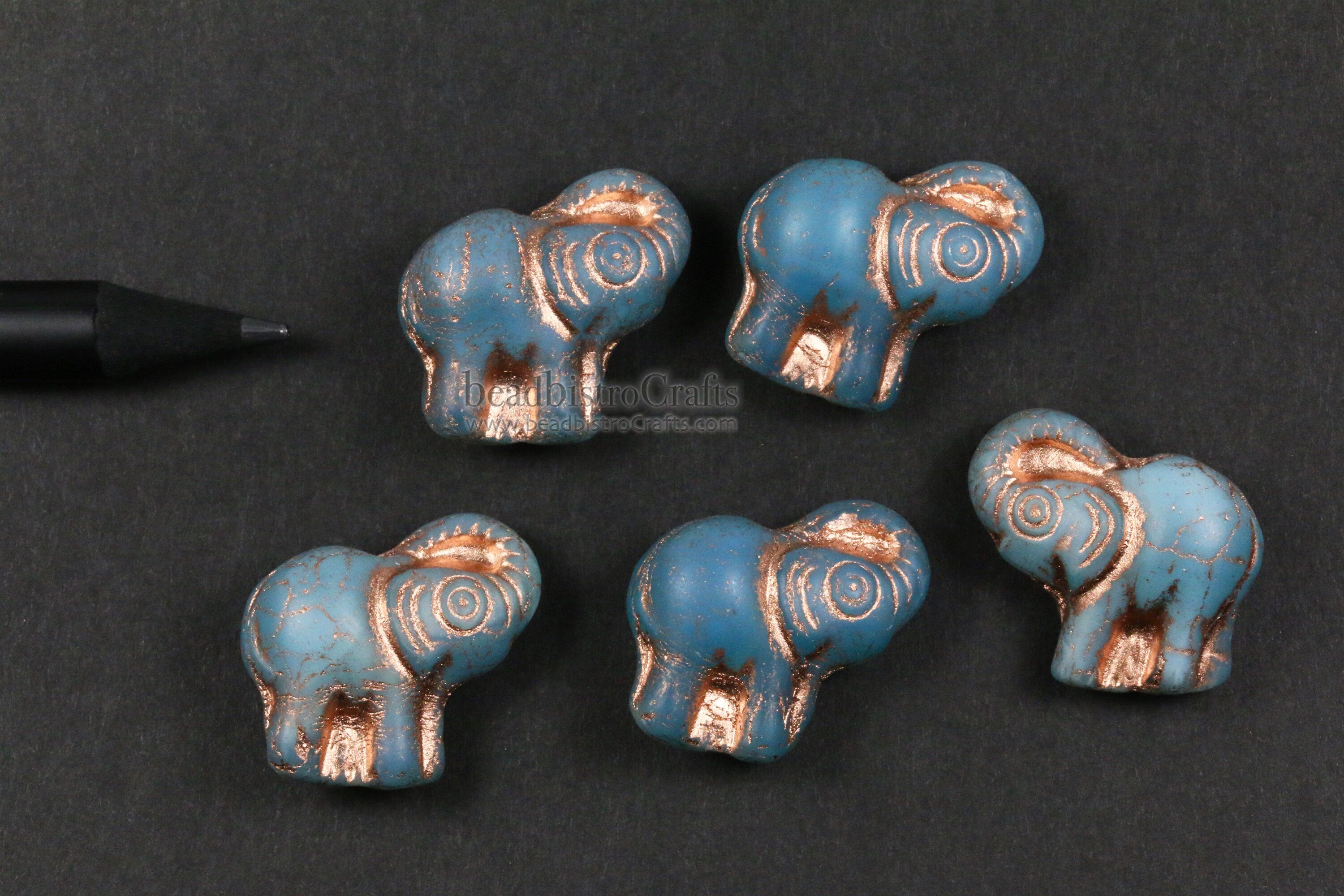 2pcs ELEPHANTS * Czech Glass Pressed Bead - Matte Milky Aqua Opal COPPER Wash - 20mm Happy Elephant Beads