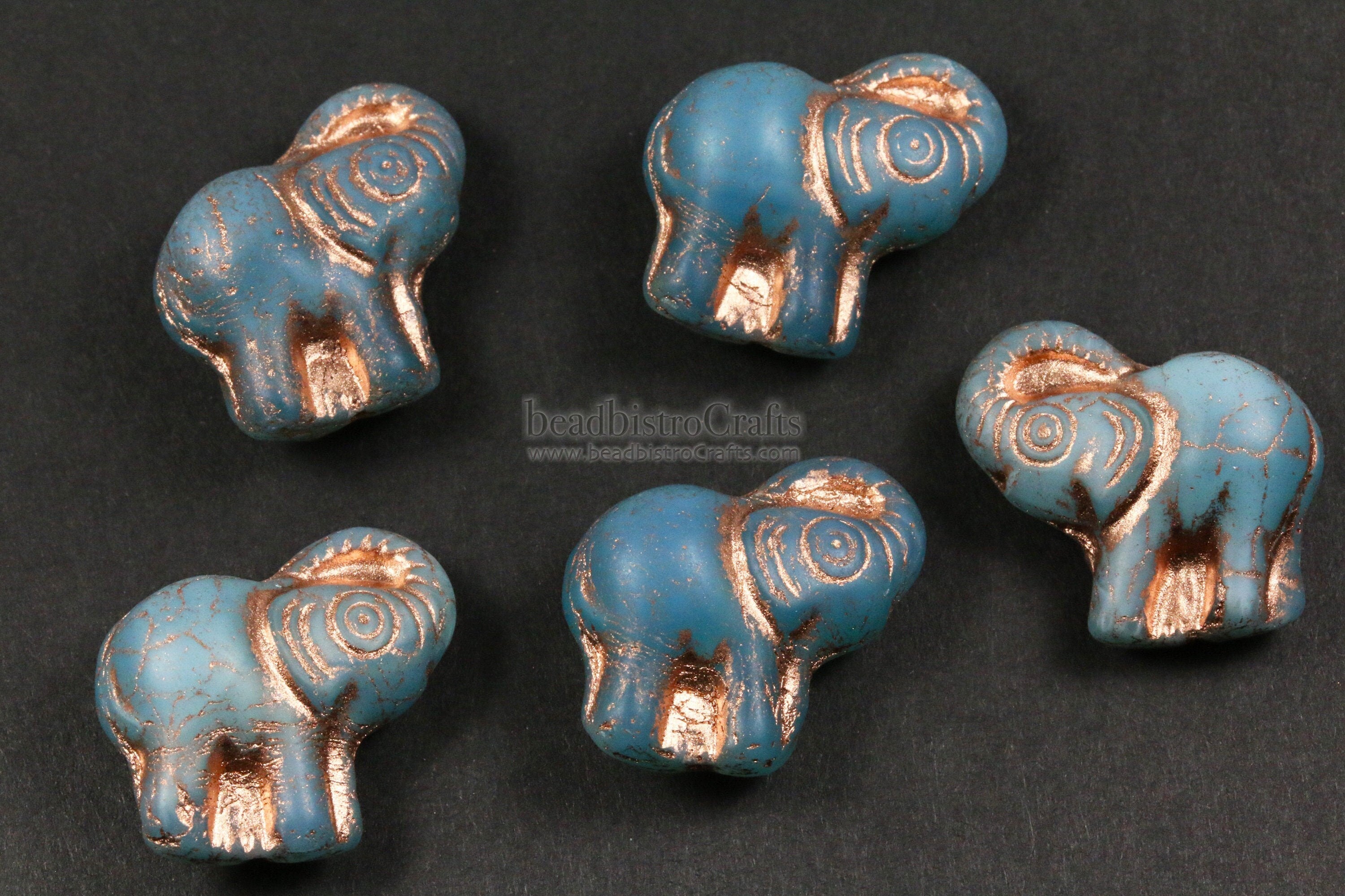 2pcs ELEPHANTS * Czech Glass Pressed Bead - Matte Milky Aqua Opal COPPER Wash - 20mm Happy Elephant Beads