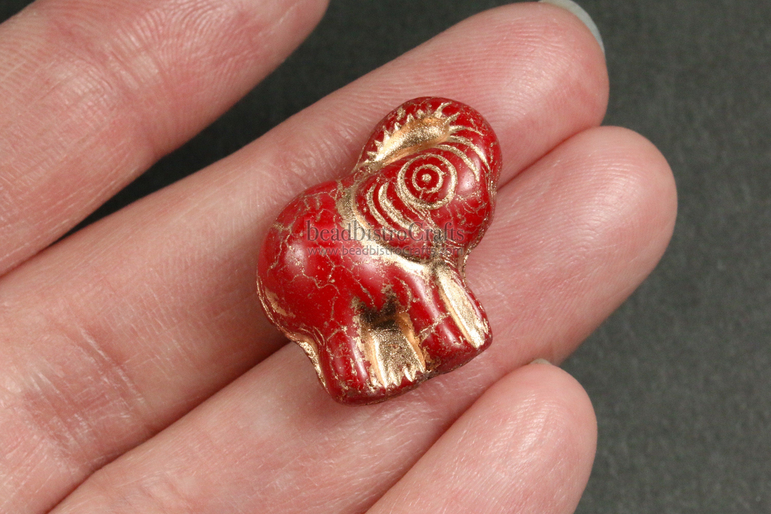 2pcs ELEPHANTS * Czech Glass Pressed Bead - Opaque CRIMSON Red COPPER Wash - 20mm Happy Elephant Beads