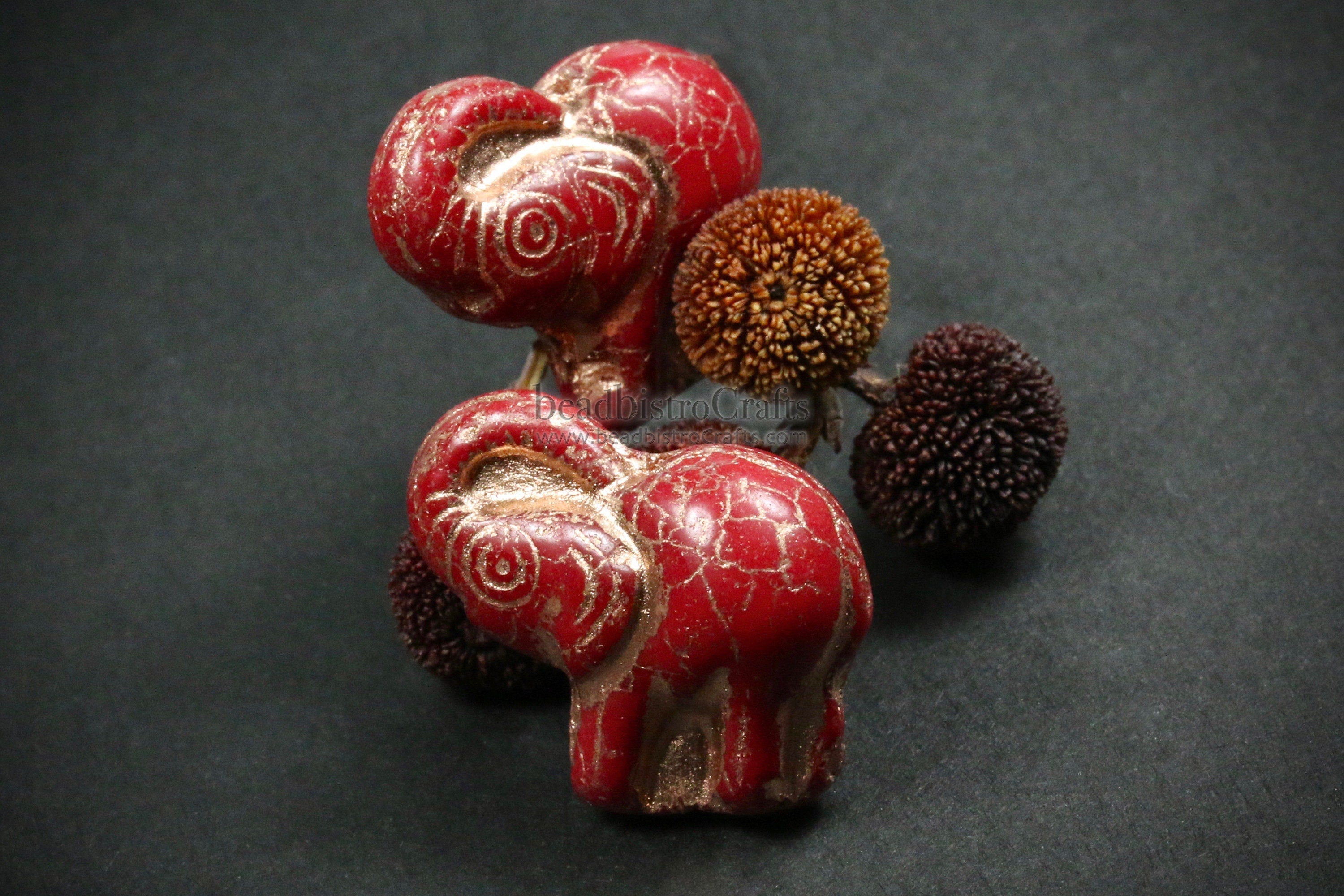 2pcs ELEPHANTS * Czech Glass Pressed Bead - Opaque CRIMSON Red COPPER Wash - 20mm Happy Elephant Beads