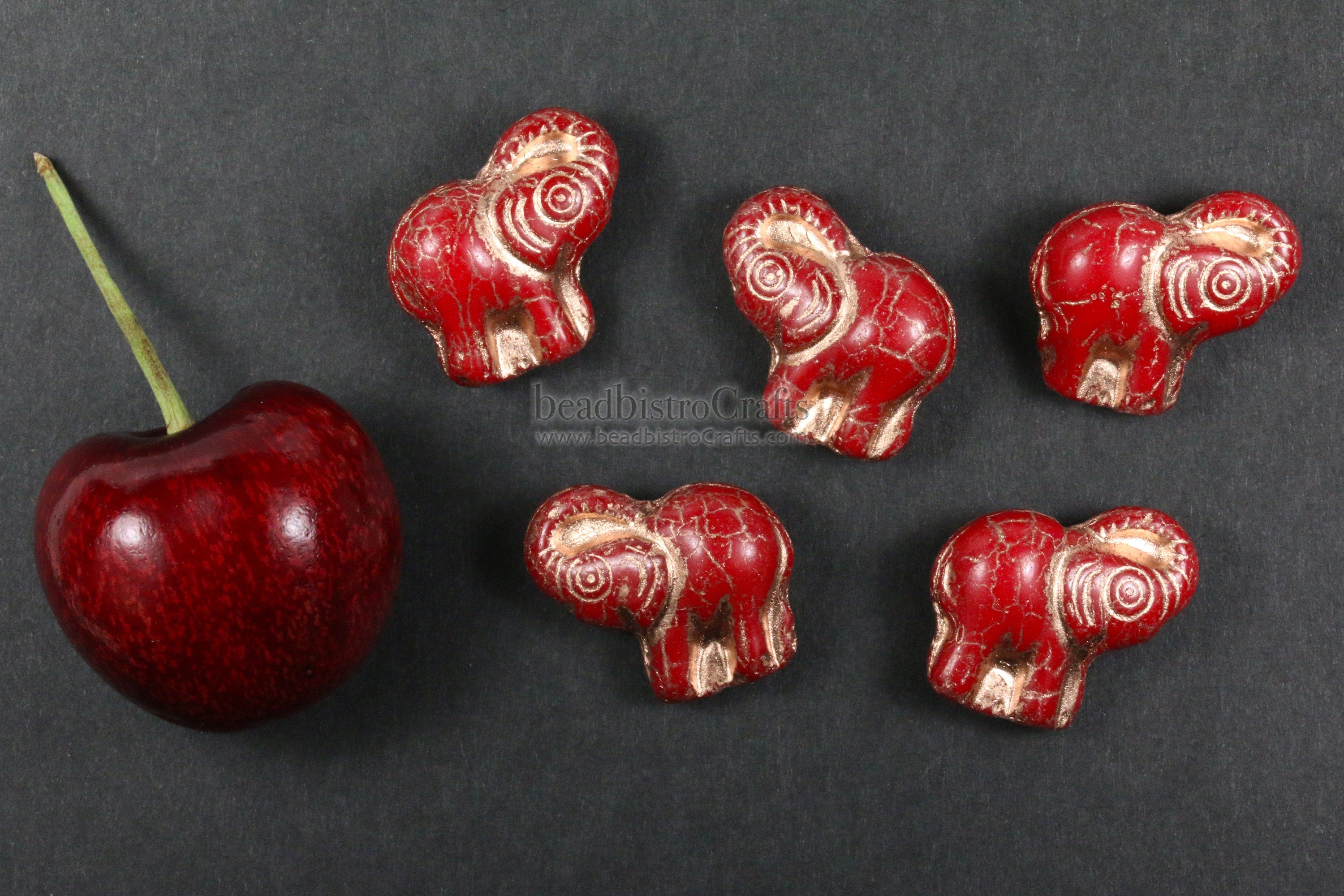 2pcs ELEPHANTS * Czech Glass Pressed Bead - Opaque CRIMSON Red COPPER Wash - 20mm Happy Elephant Beads