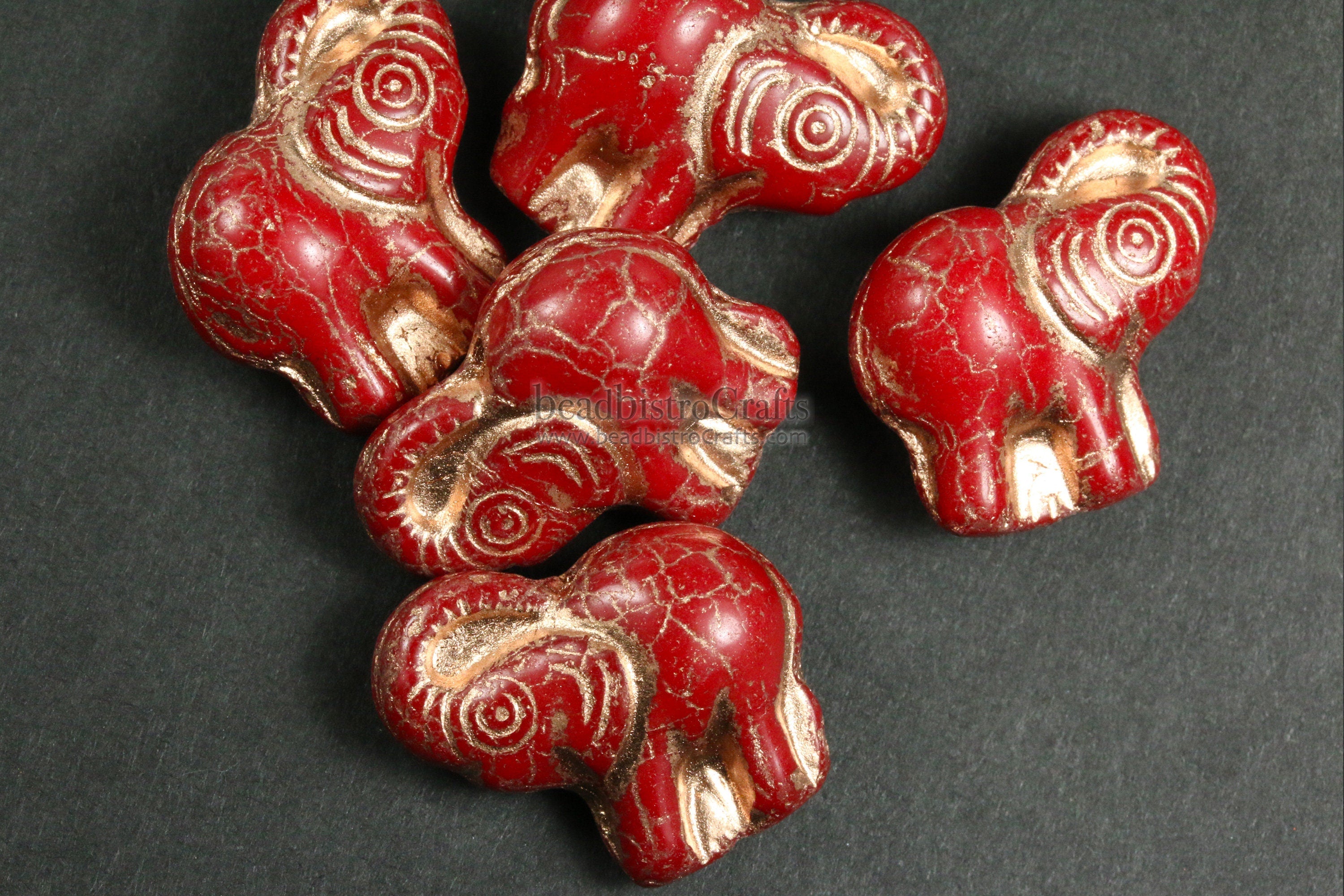 2pcs ELEPHANTS * Czech Glass Pressed Bead - Opaque CRIMSON Red COPPER Wash - 20mm Happy Elephant Beads