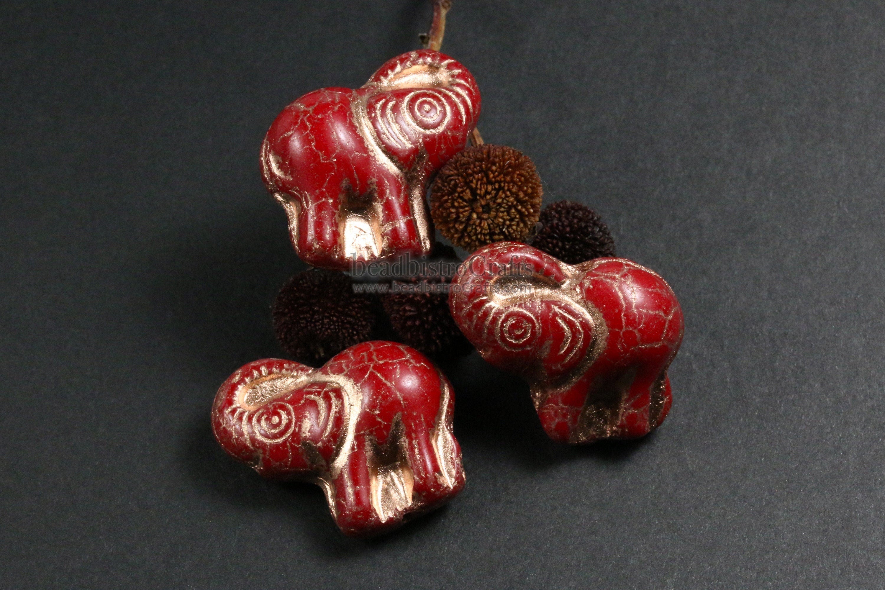 2pcs ELEPHANTS * Czech Glass Pressed Bead - Opaque CRIMSON Red COPPER Wash - 20mm Happy Elephant Beads