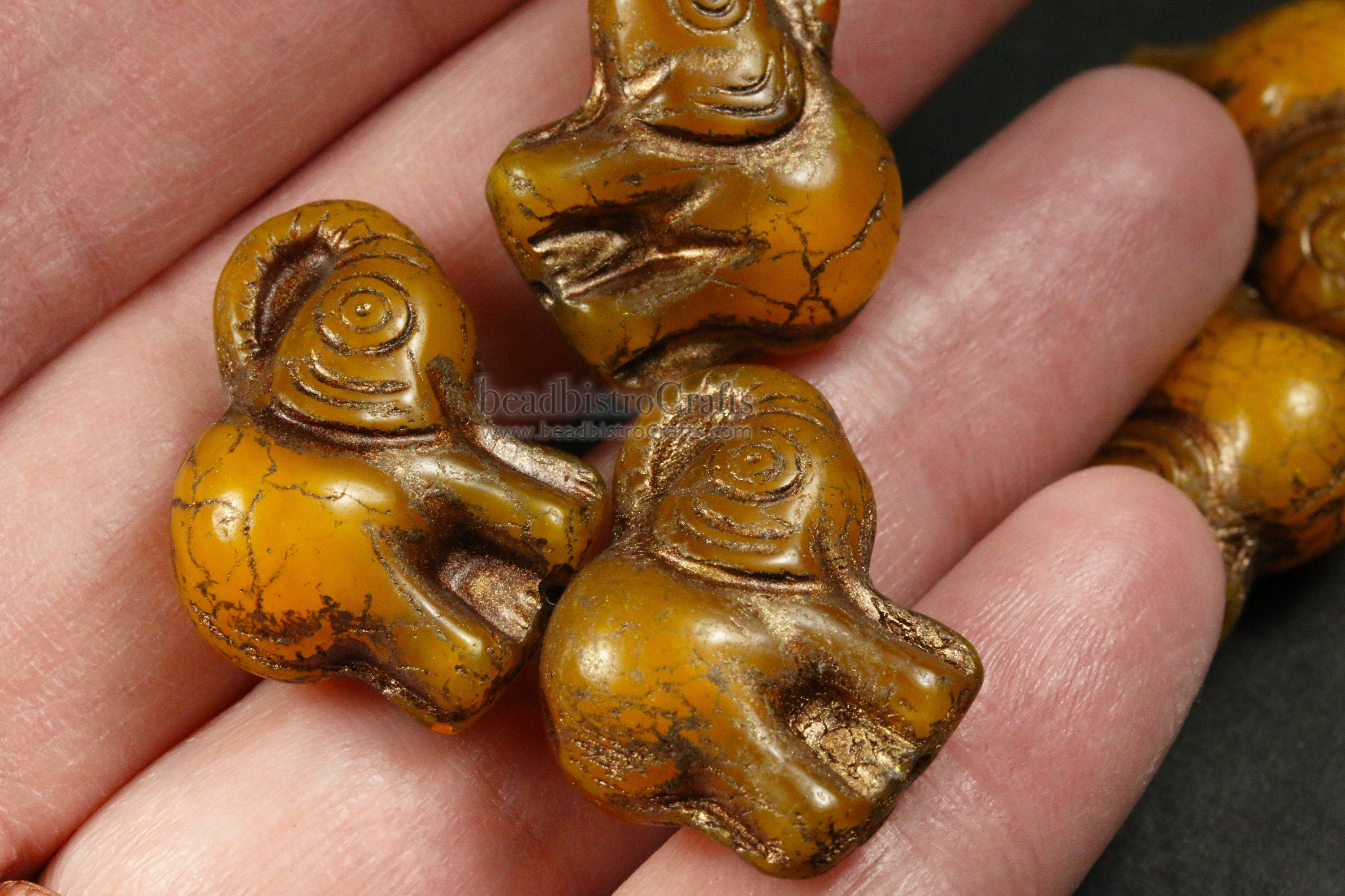 2pcs ELEPHANTS * Czech Glass Pressed Bead - OPALESCENT Butterscotch Antique BRONZE Wash - 20mm Happy Elephant Beads