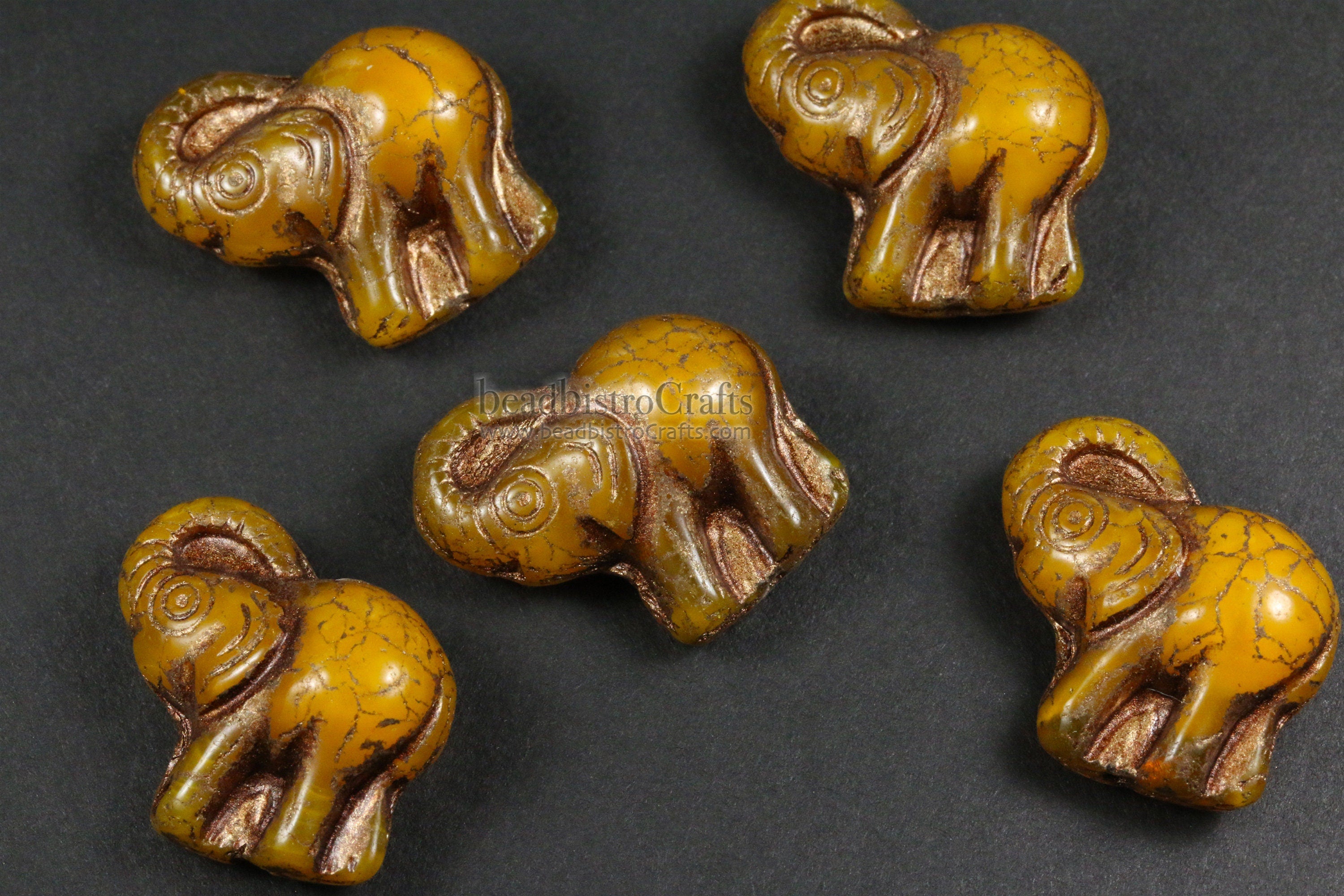 2pcs ELEPHANTS * Czech Glass Pressed Bead - OPALESCENT Butterscotch Antique BRONZE Wash - 20mm Happy Elephant Beads