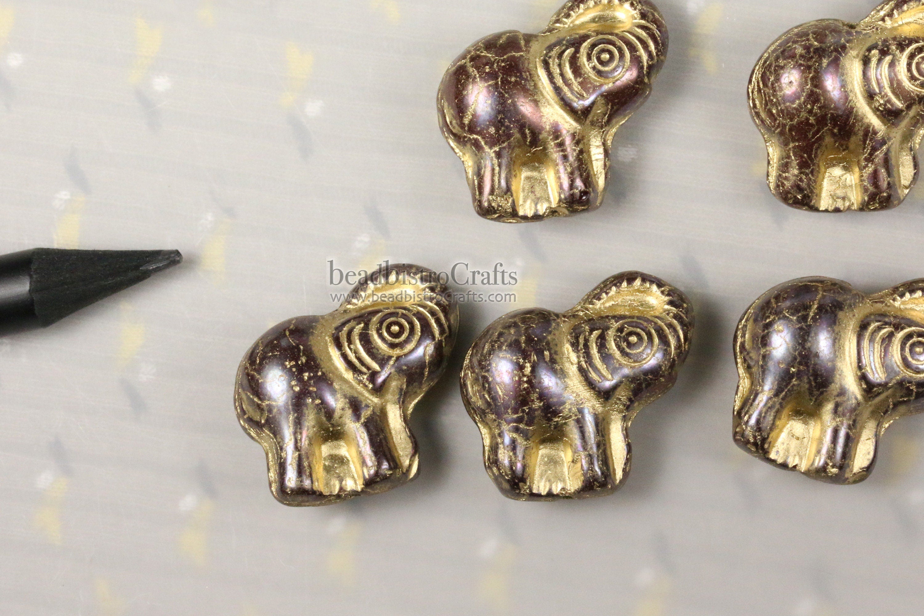 2pcs ELEPHANTS * Czech Glass Pressed Bead - NEBULA Opaque Mahogany GOLD Wash - 20mm Happy Elephant Beads