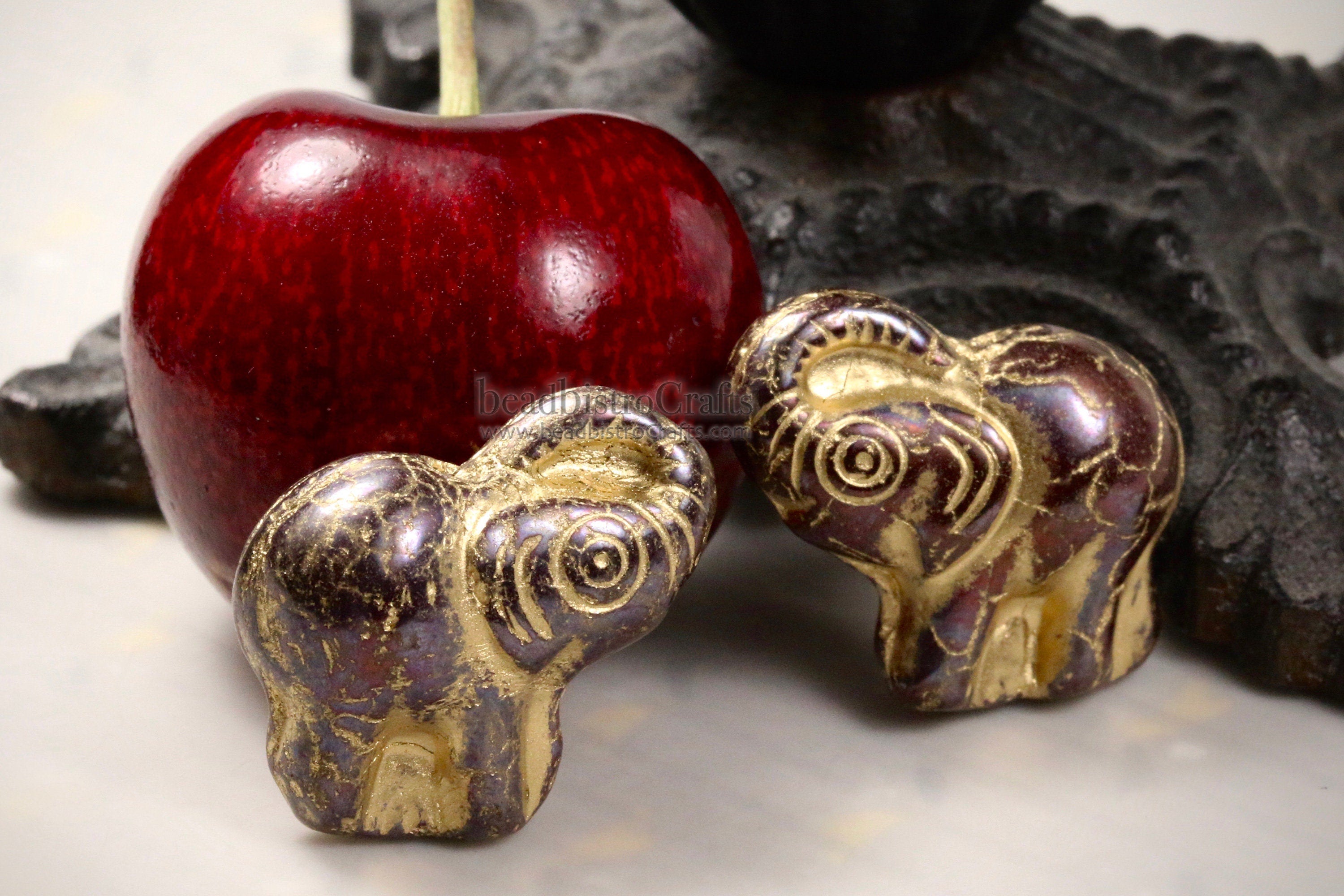 2pcs ELEPHANTS * Czech Glass Pressed Bead - NEBULA Opaque Mahogany GOLD Wash - 20mm Happy Elephant Beads