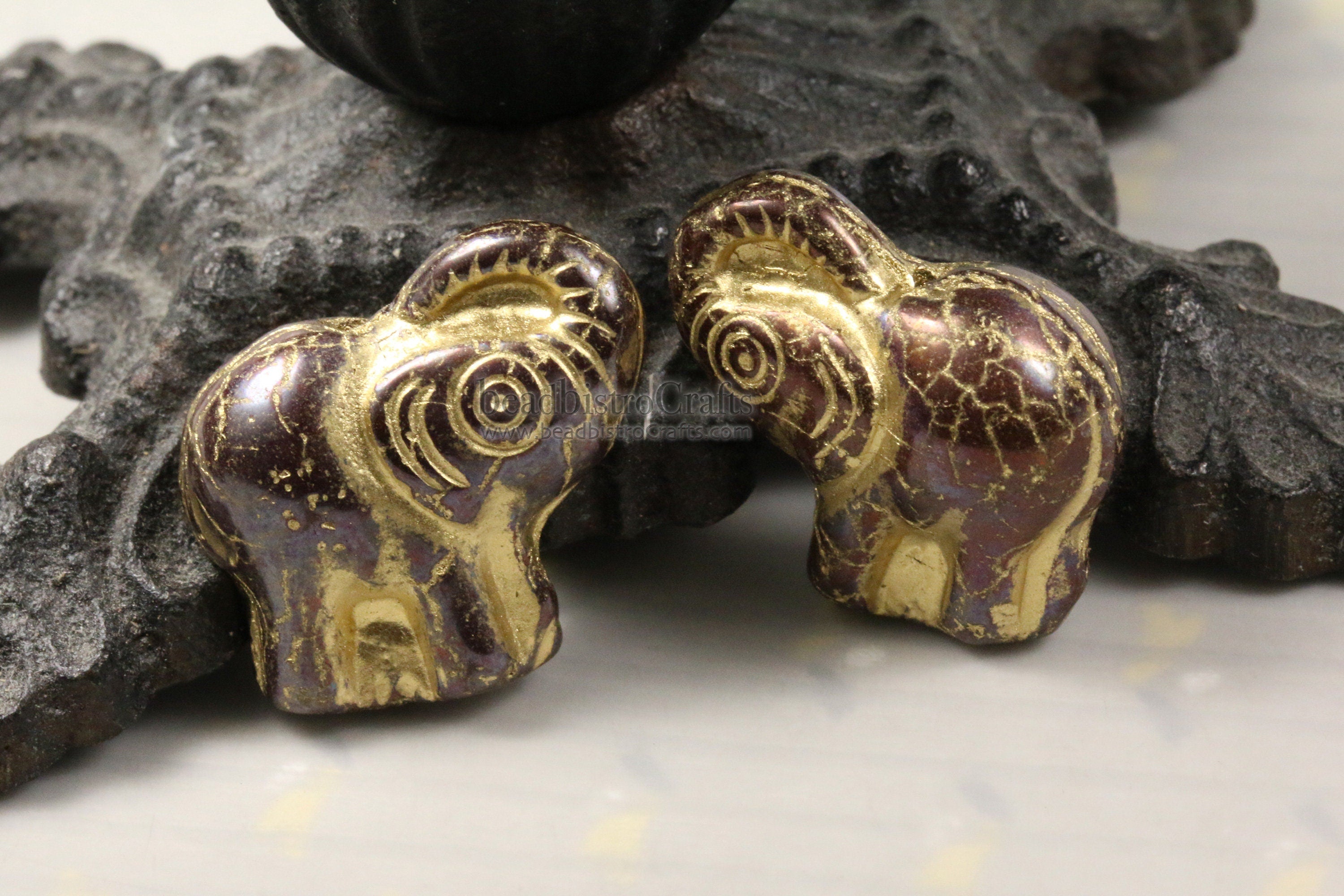 2pcs ELEPHANTS * Czech Glass Pressed Bead - NEBULA Opaque Mahogany GOLD Wash - 20mm Happy Elephant Beads