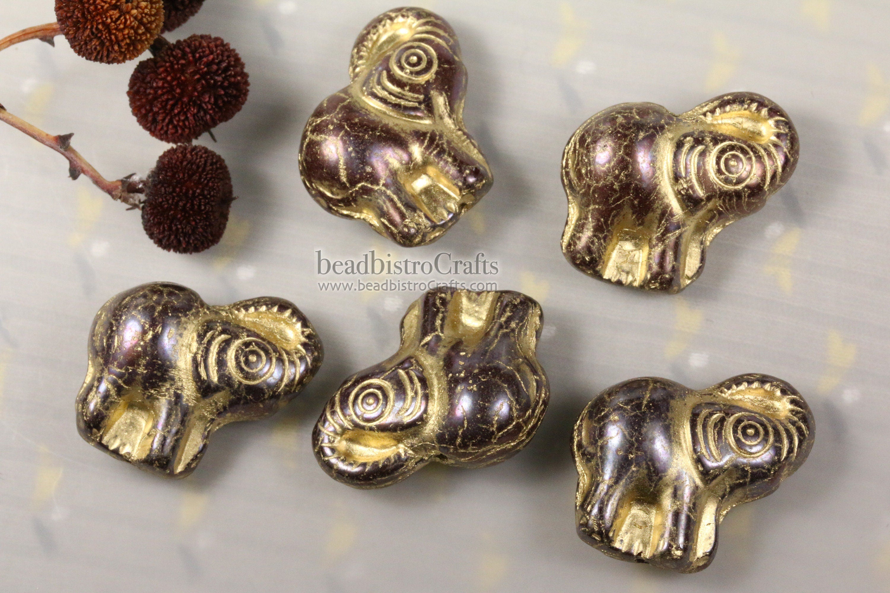 2pcs ELEPHANTS * Czech Glass Pressed Bead - NEBULA Opaque Mahogany GOLD Wash - 20mm Happy Elephant Beads