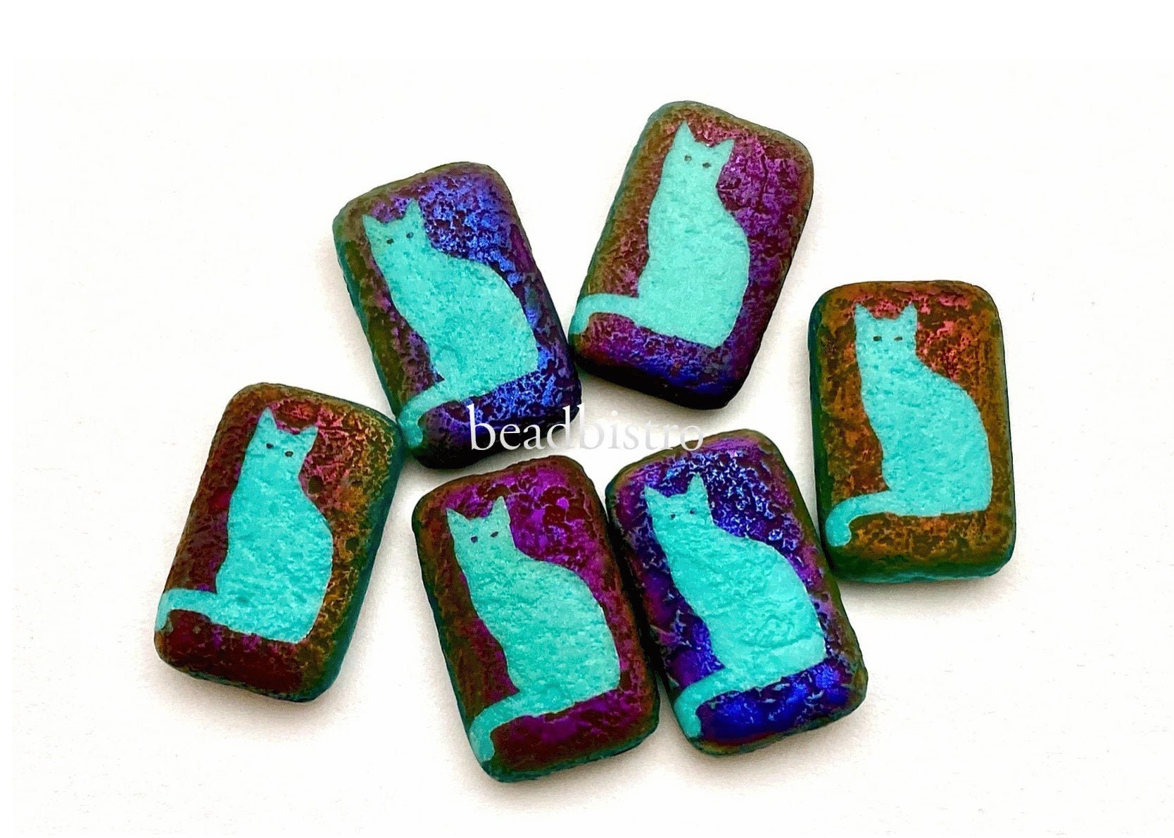 Czech Glass Beads ~ Cat Turquoise Sliperit Finish - 18x12mm Laser Tattoo Etched Beads