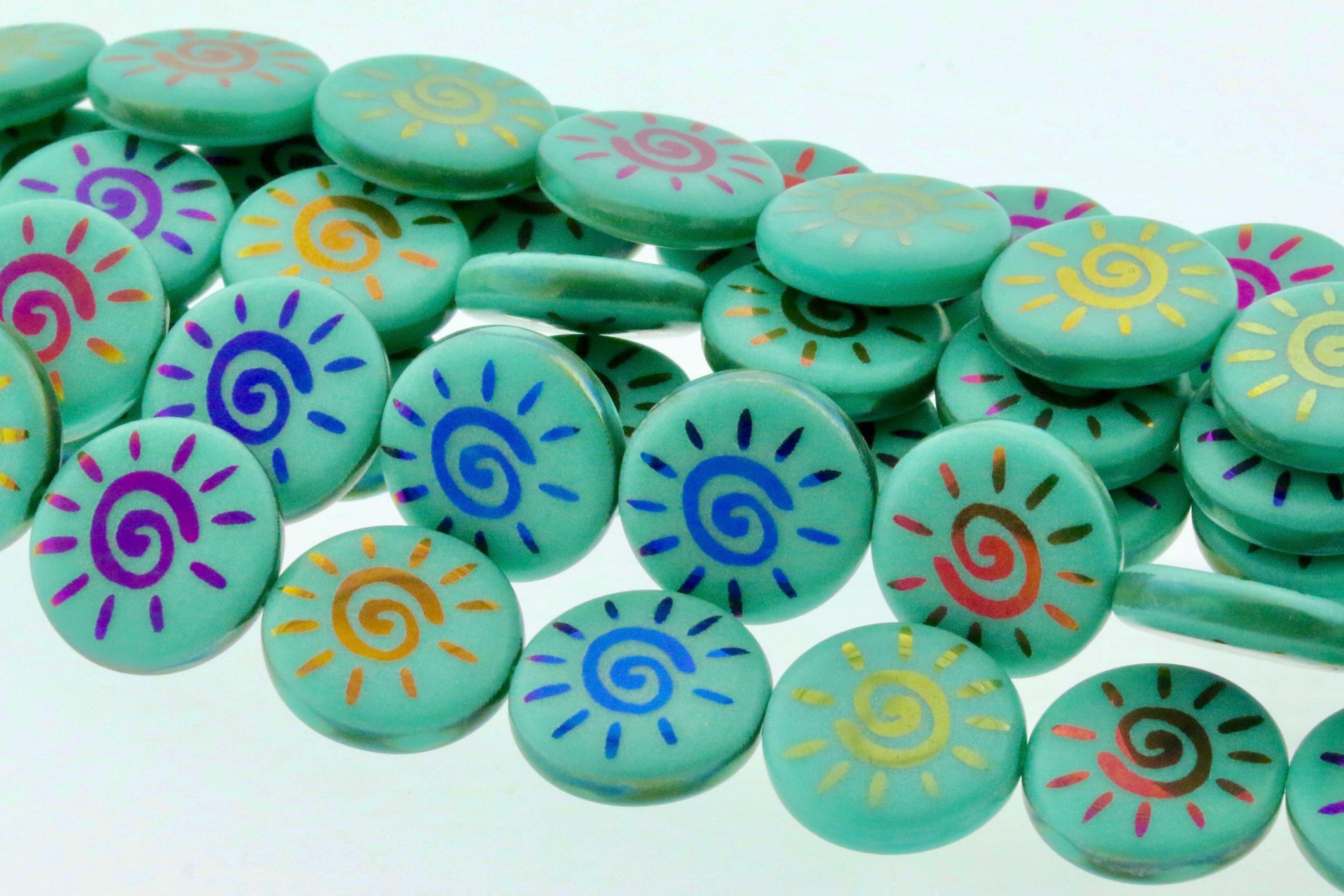 Abstract Sun 14mm Coin Bead Opaque Turquoise Coin Shiny Sliperit - Laser Tattoo Czech Glass Beads