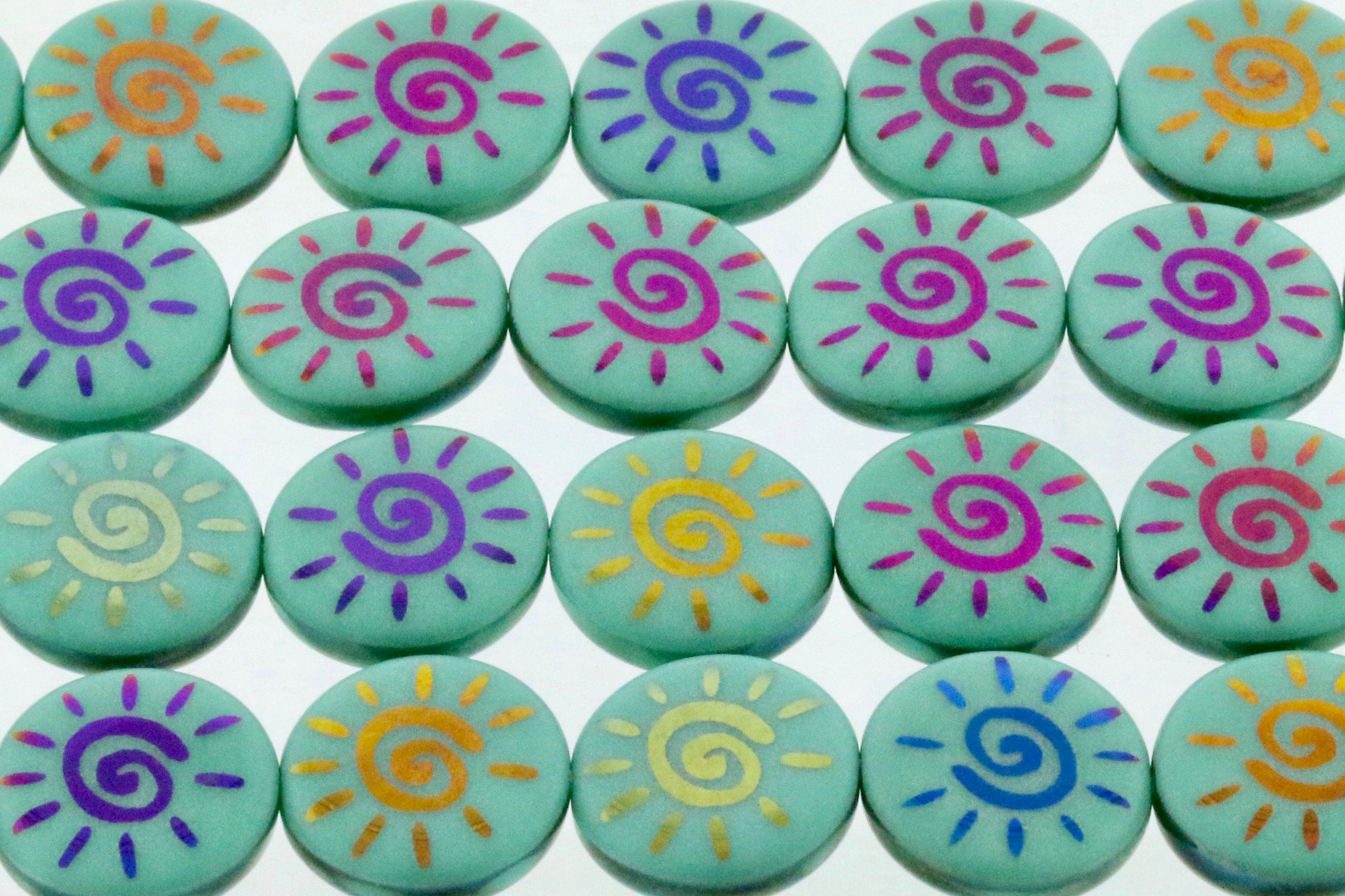 Abstract Sun 14mm Coin Bead Opaque Turquoise Coin Shiny Sliperit - Laser Tattoo Czech Glass Beads