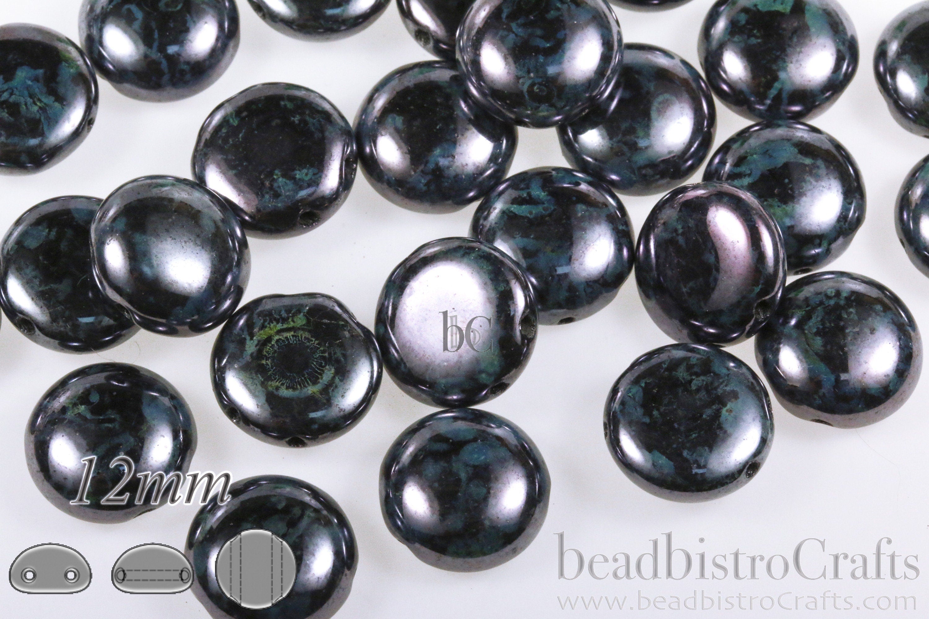 24pcs * 12mm Preciosa CANDY™ Cabochon Beads - 12mm Czech glass 2-hole cabochons - Jet LAZURE BLUE Luster