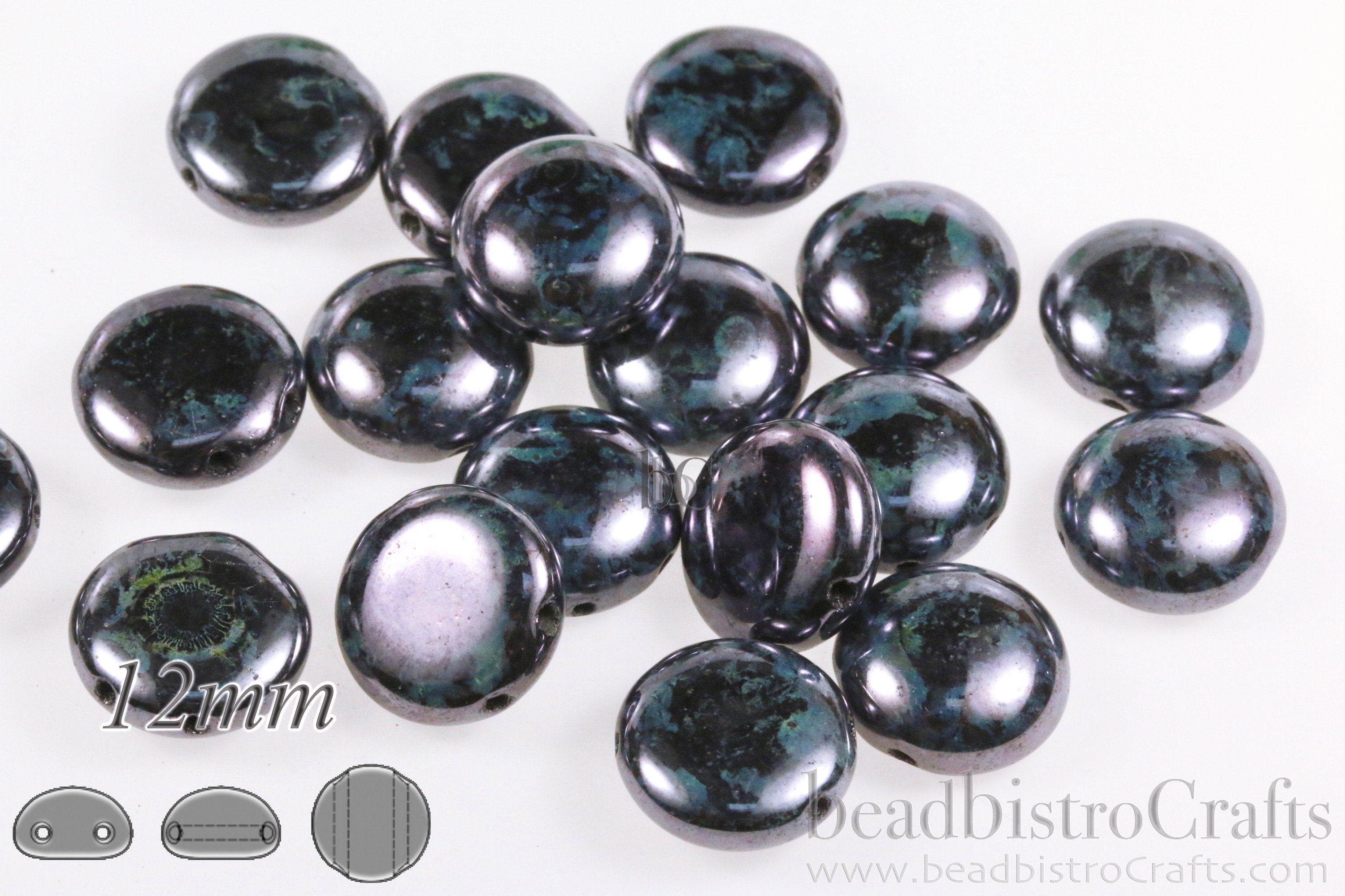 24pcs * 12mm Preciosa CANDY™ Cabochon Beads - 12mm Czech glass 2-hole cabochons - Jet LAZURE BLUE Luster