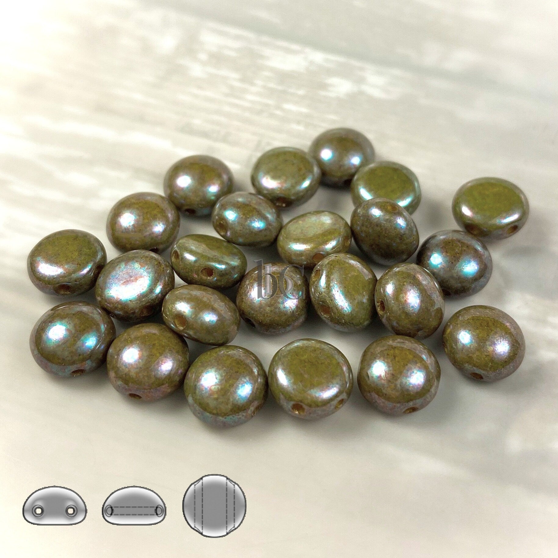 2-hole CANDY™ Cabochon Beads - 24 or 48pcs 8mm Czech 2-hole Preciosa cabochons - Opaque Lime OLIVINE IRIS * Czech glass beads