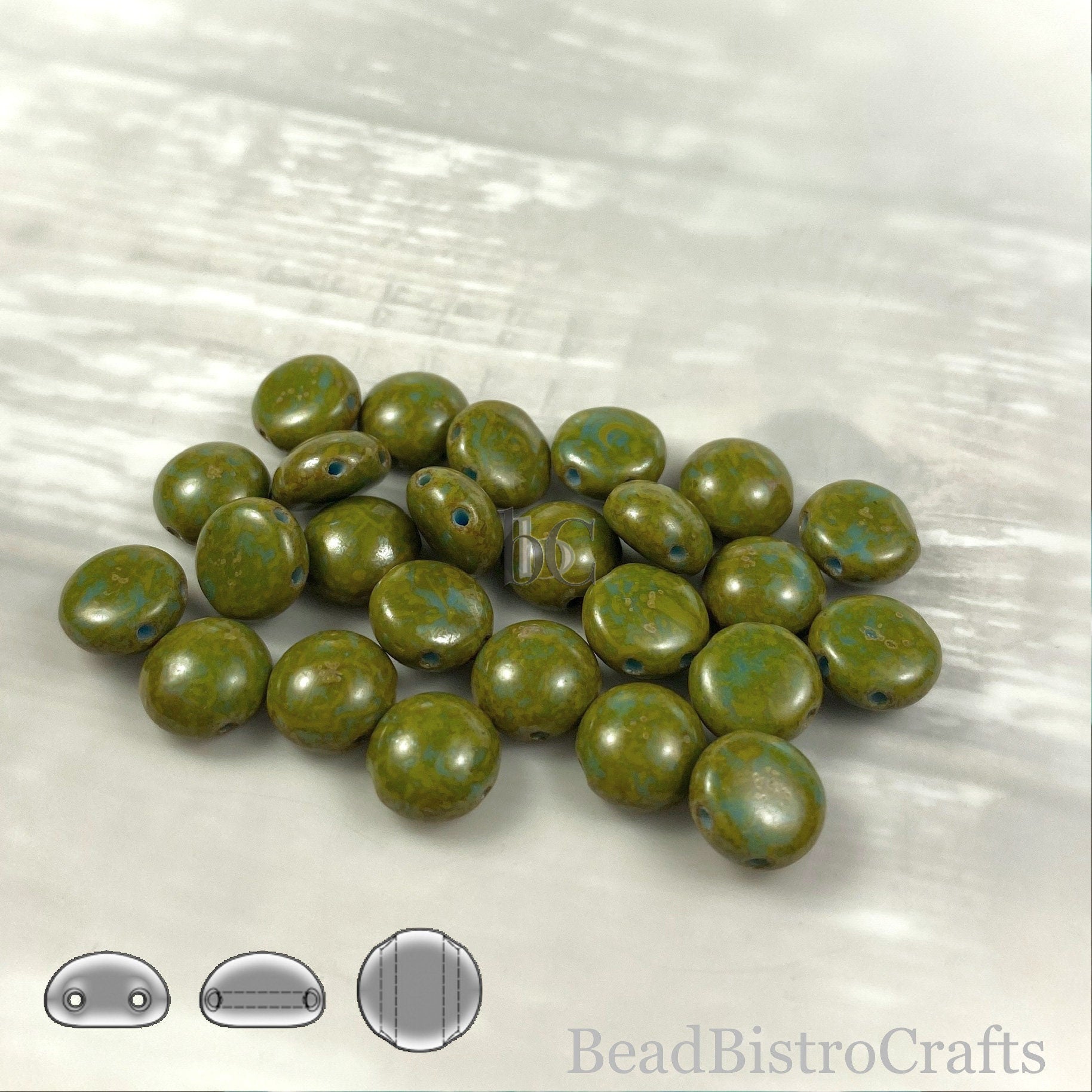 2-hole CANDY™ Cabochon Beads - 24 or 48pcs 8mm Czech 2-hole Preciosa cabochons - Opaque Bluestone GREEN TRAVERTINE * Czech glass beads