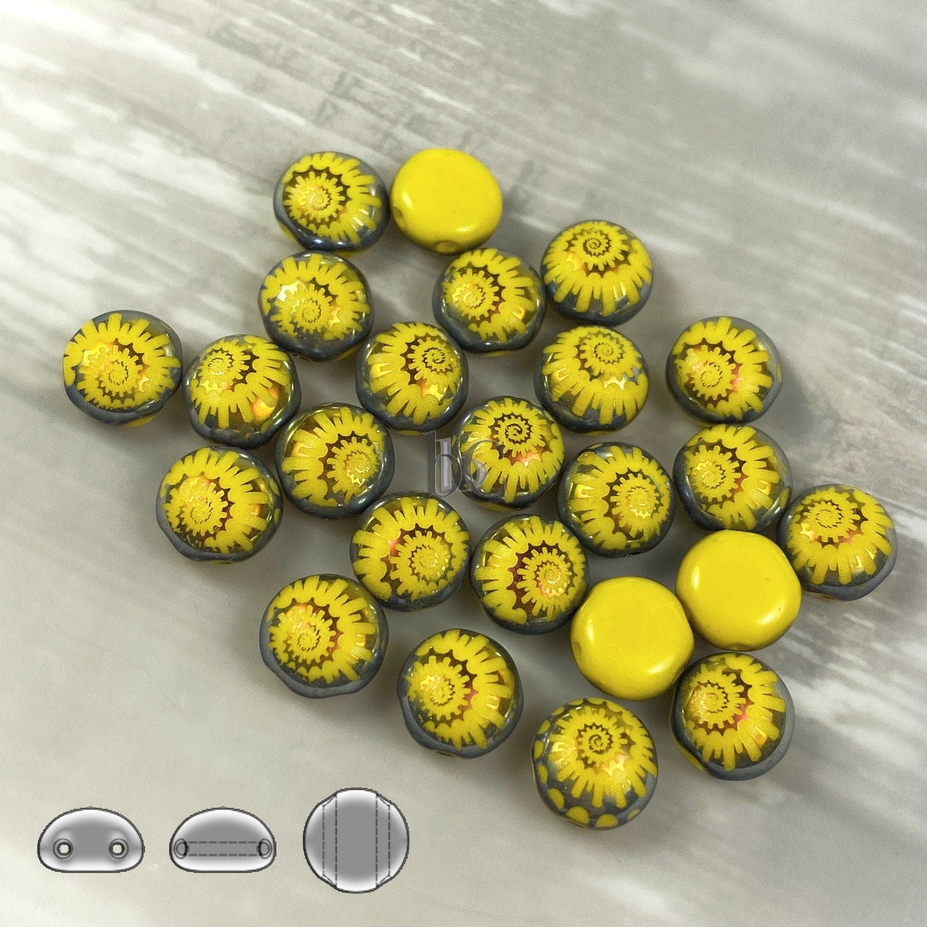 Laser Tattoo 8mm 2-hole CANDY Cabochon Beads - 24 or 48pcs - Czech 2-hole Preciosa * cabochon - Opaque Lemon Yellow MAREA NAUTILUS Tattoo