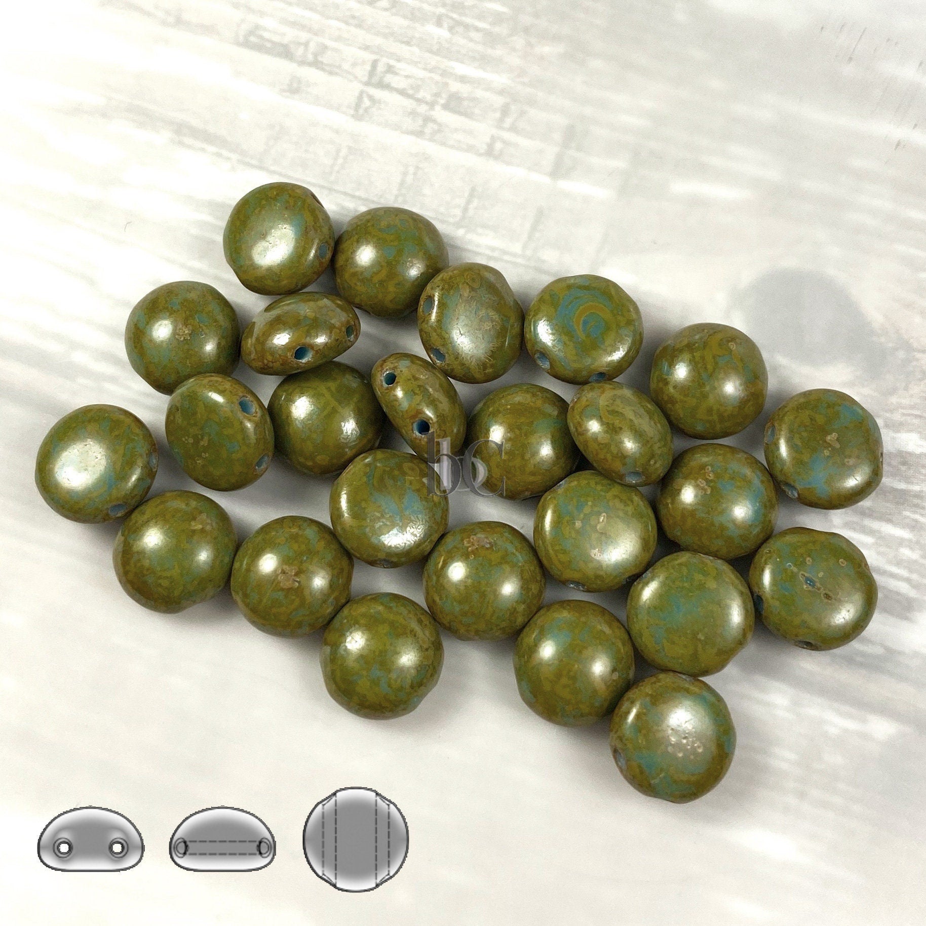 2-hole CANDY™ Cabochon Beads - 24 or 48pcs 8mm Czech 2-hole Preciosa cabochons - Opaque Bluestone GREEN TRAVERTINE * Czech glass beads