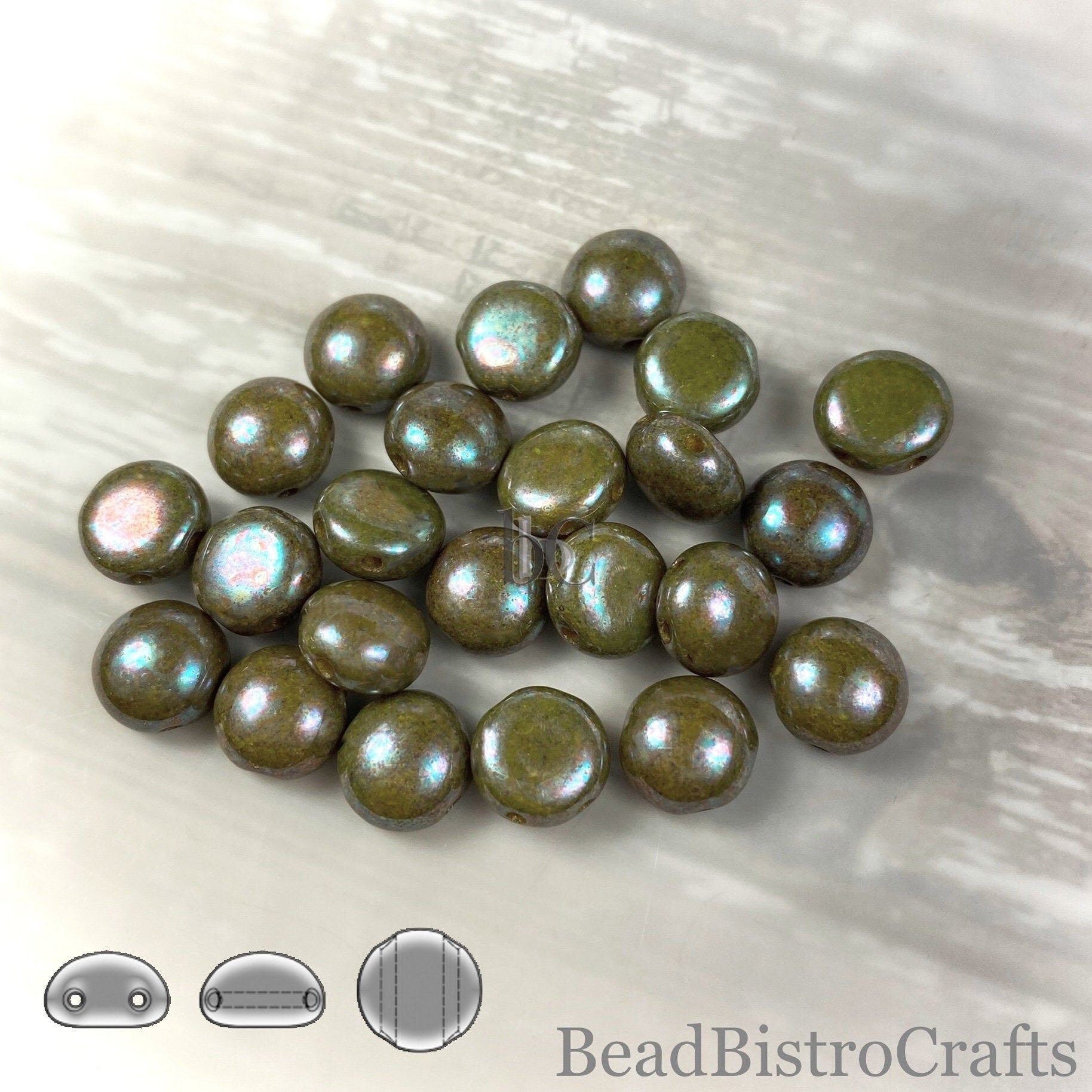 2-hole CANDY™ Cabochon Beads - 24 or 48pcs 8mm Czech 2-hole Preciosa cabochons - Opaque Lime OLIVINE IRIS * Czech glass beads