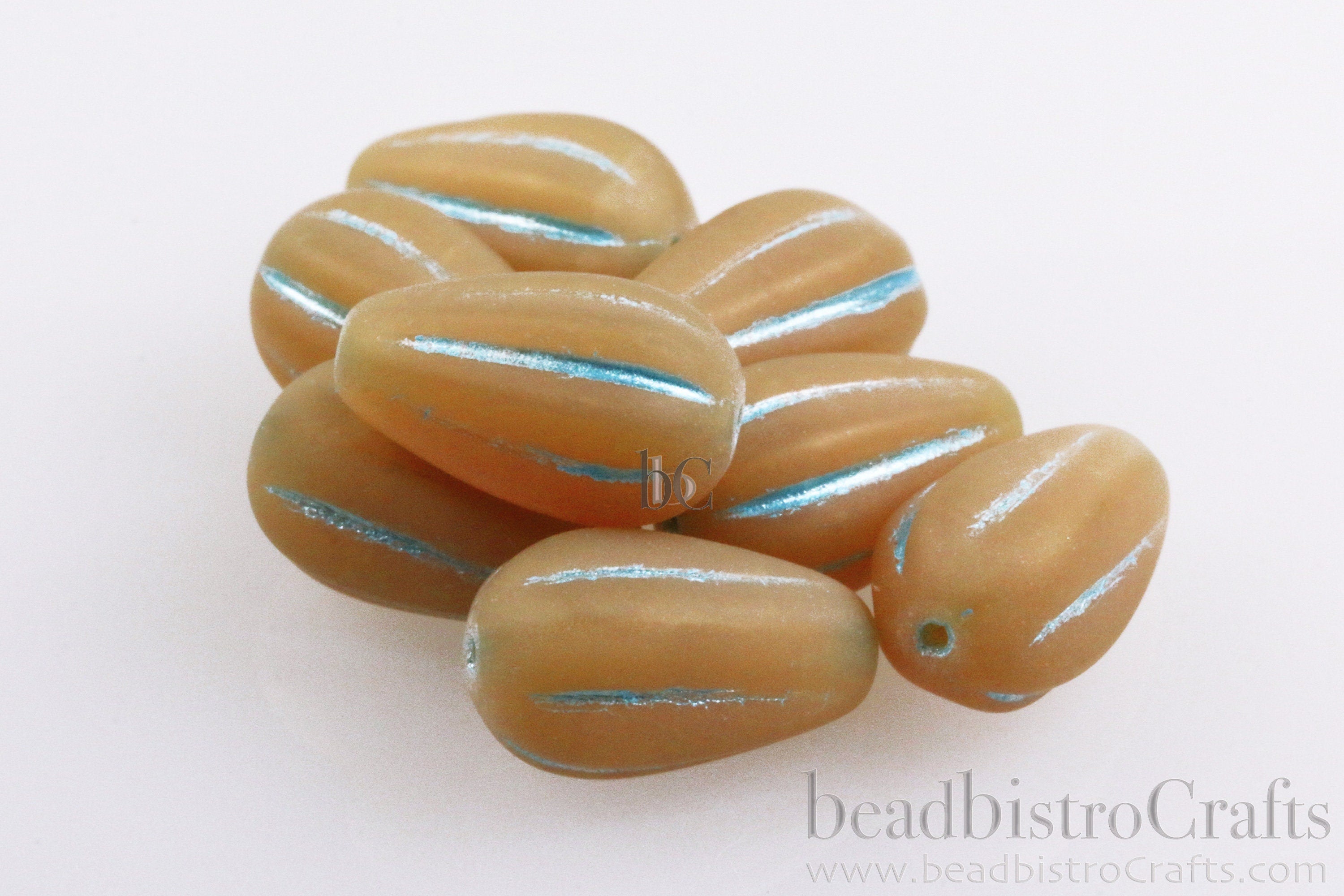 Melon Drops Caramel glass - 8pcs Melon beads - Czech glass Melon drop bead - MATTE Caramel Opal Metallic TURQUOISE WASH - 13x8mm