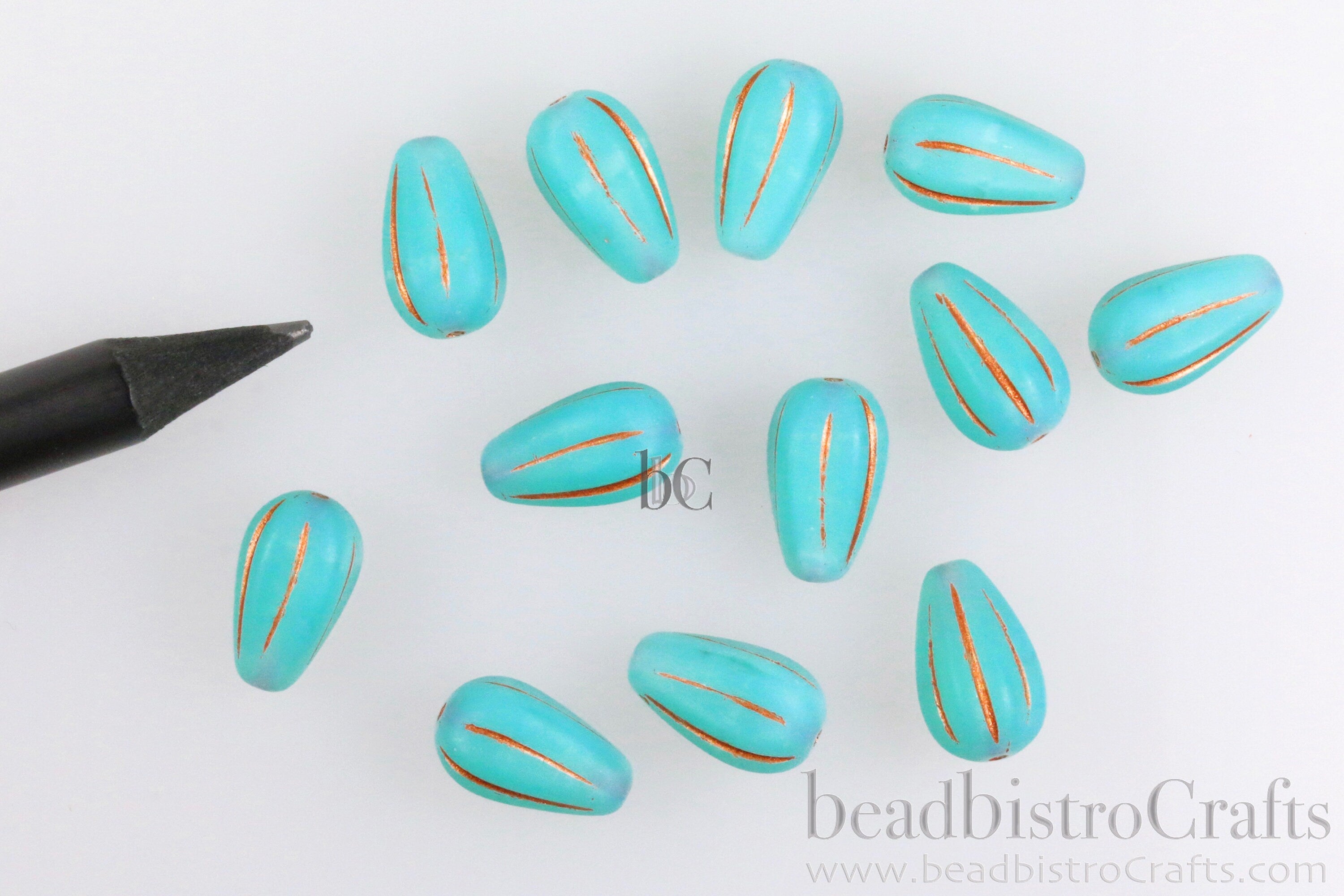 Melon Drops Aqua glass - 8pcs Melon beads - Czech glass Melon drop bead - MATTE Aqua Green Opal Metallic COPPER WASH - 13x8mm